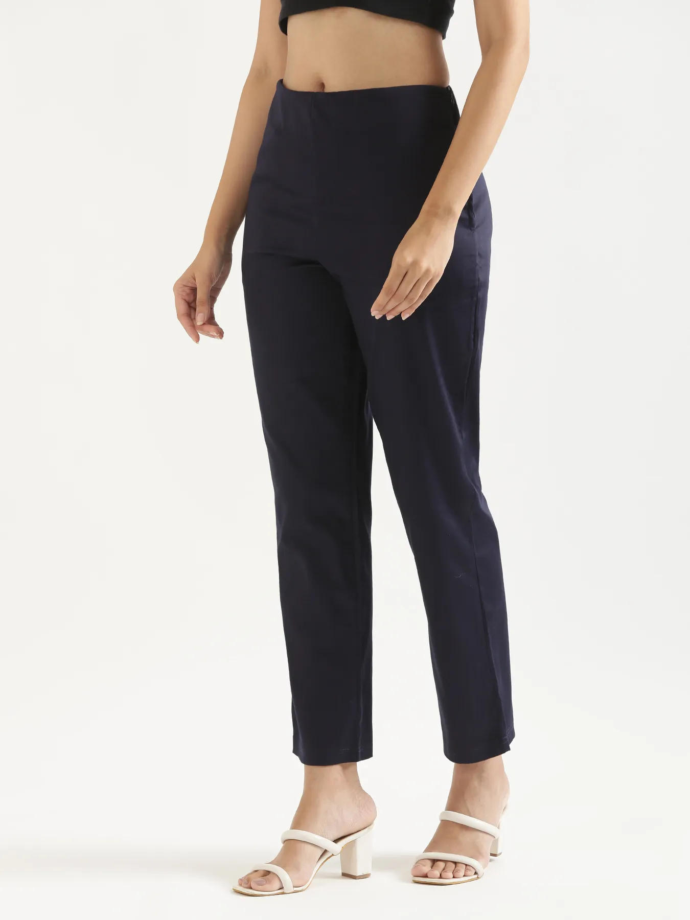 Women Plus Size Navy Blue Straight Fit Formal Pants - Image 3