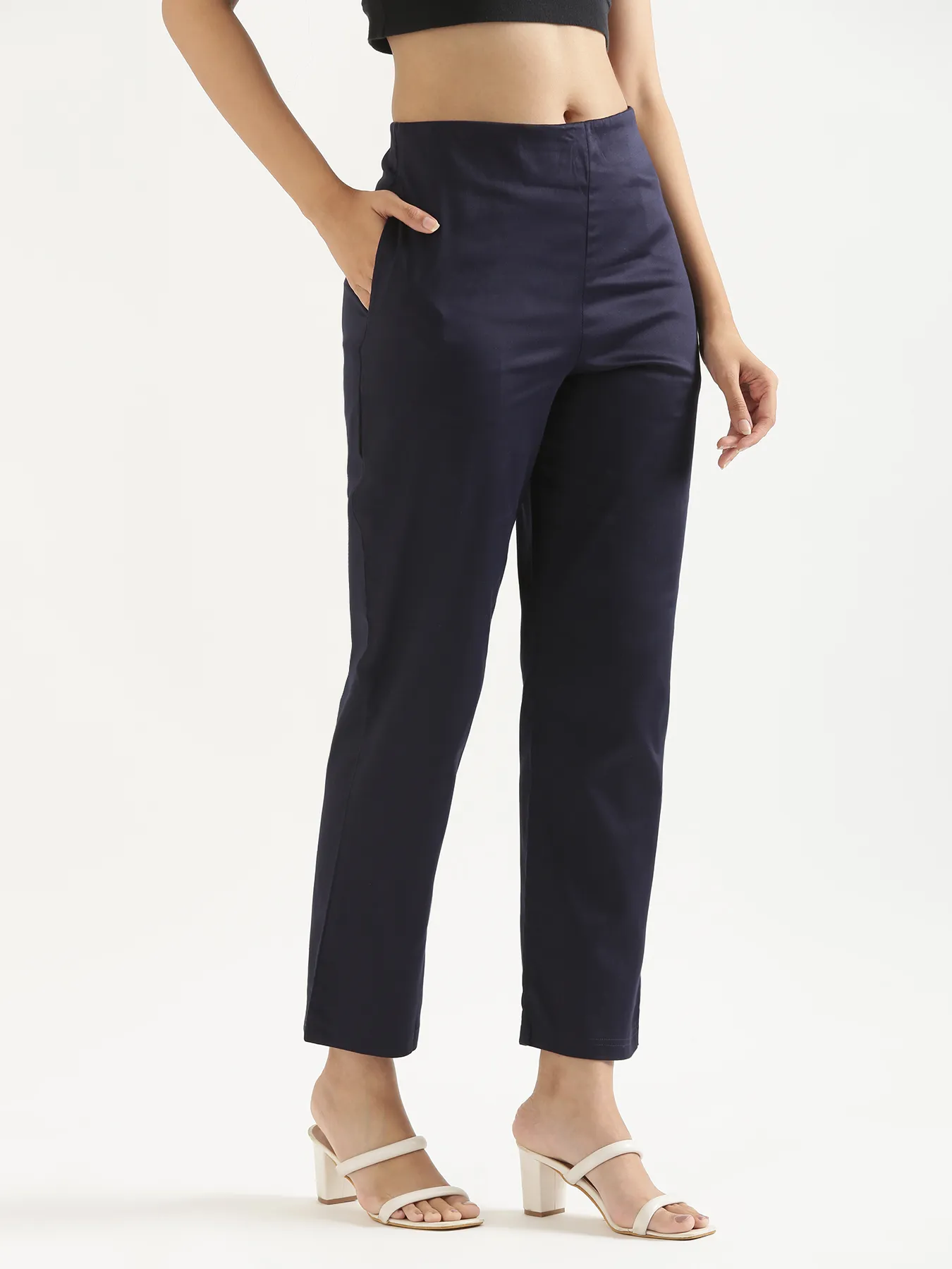 Women Plus Size Navy Blue Straight Fit Formal Pants - Image 4