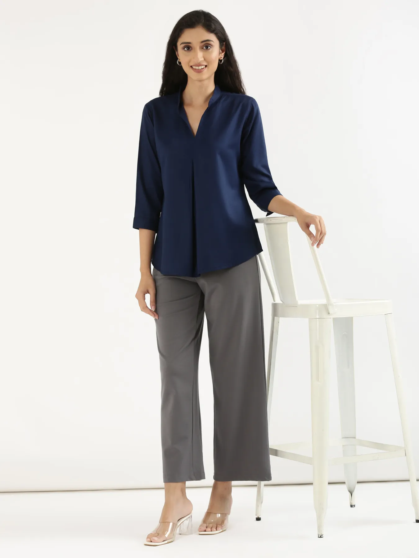 Women Navy Blue Viscose Pleated Top & Cement Grey Wide Leg Pant Set - Image 3
