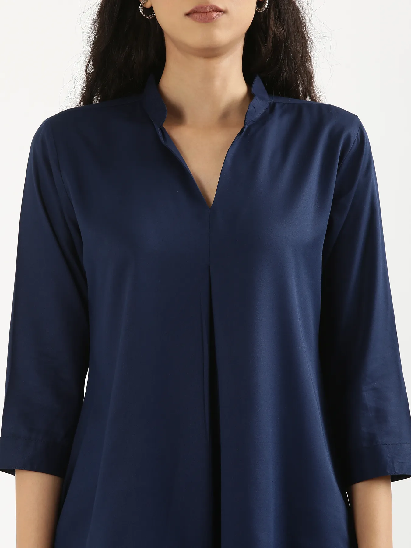 Women Navy Blue Viscose Pleated Top & Cement Grey Wide Leg Pant Set - Image 6