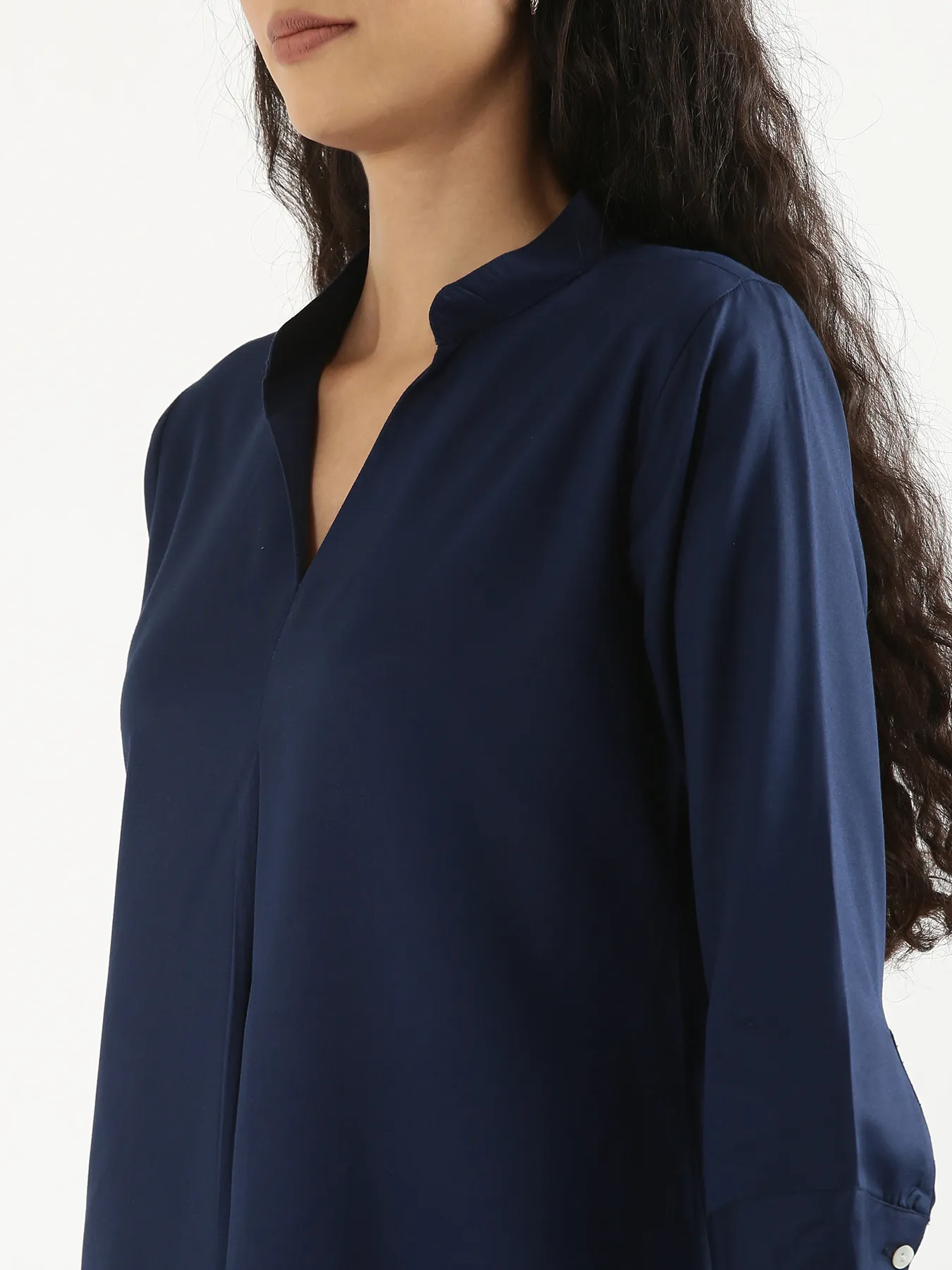 Women Navy Blue Viscose Pleated Top & Cement Grey Wide Leg Pant Set - Image 7