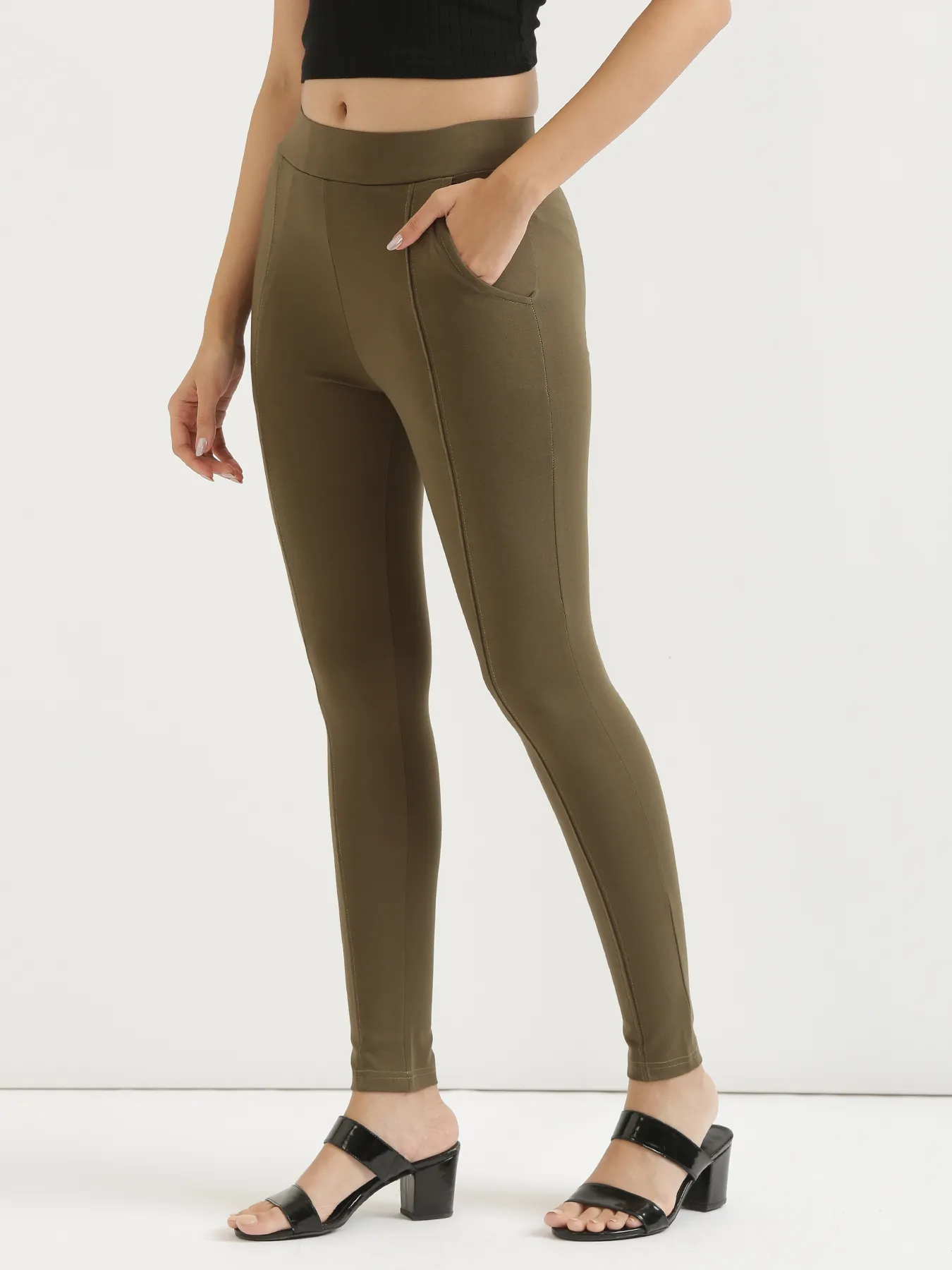 Women Olive Green 4-Way Stretchable Pants - Image 3