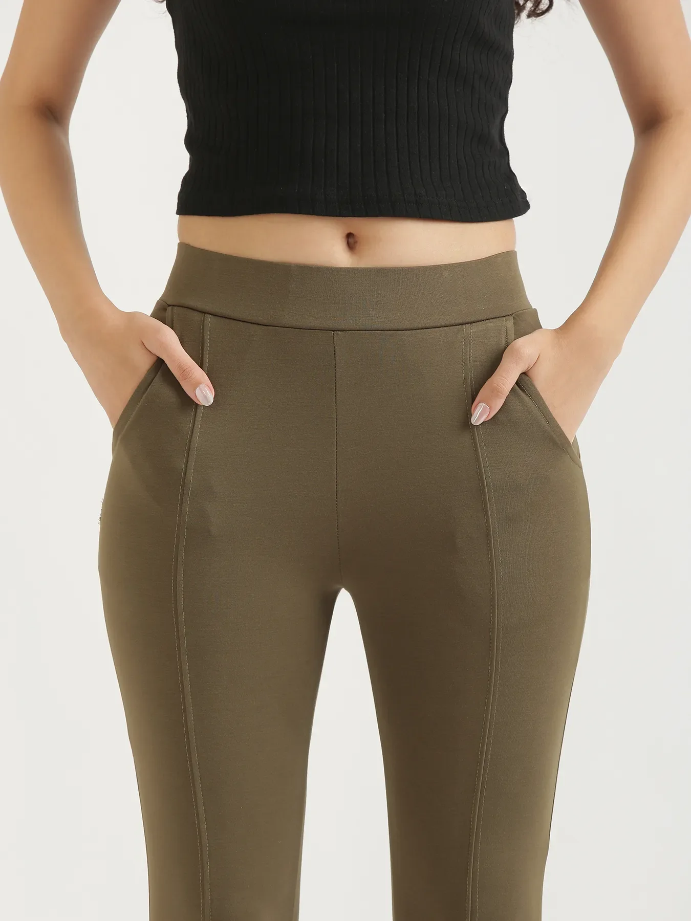 Women Olive Green 4-Way Stretchable Pants - Image 4