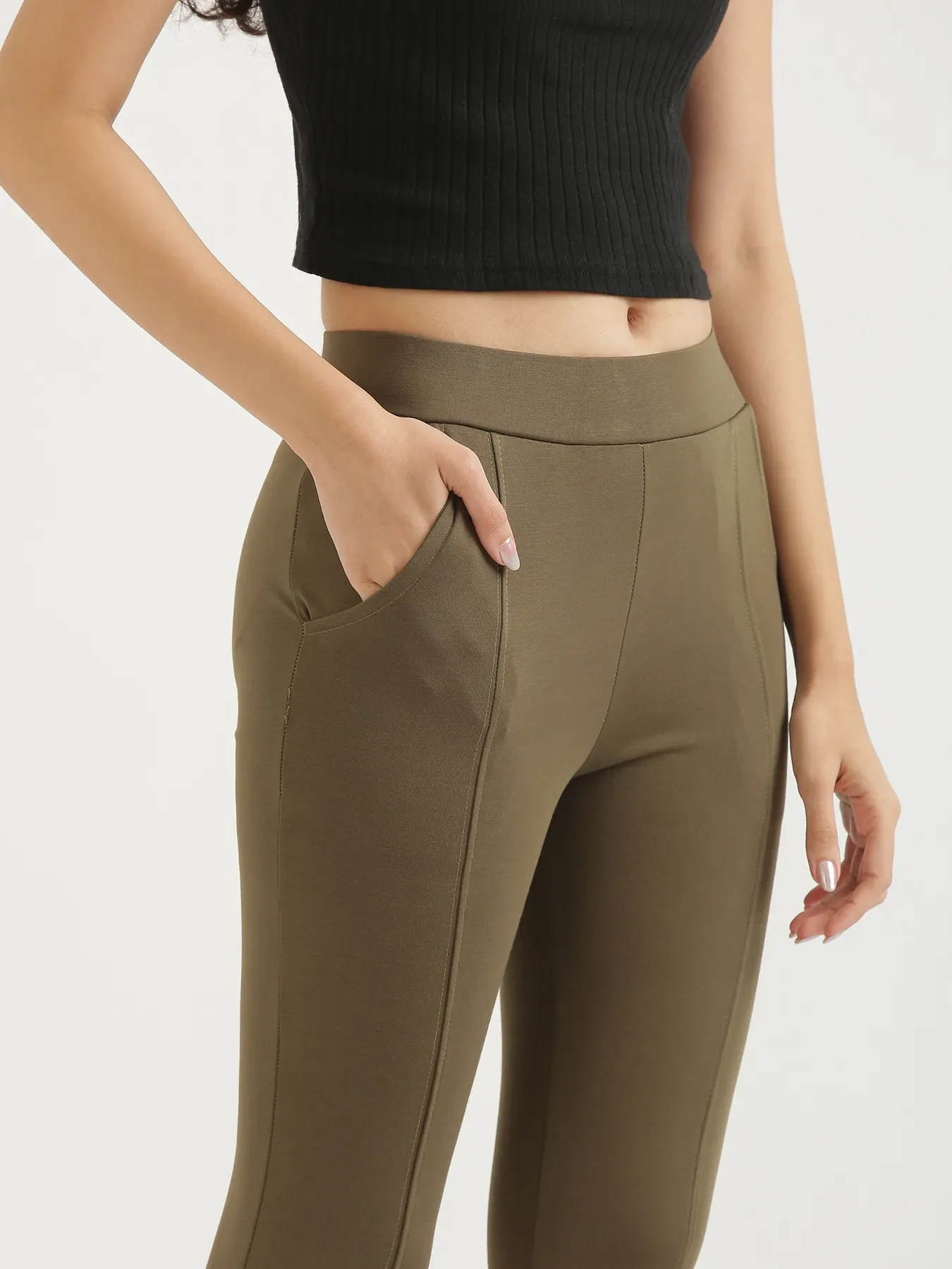 Women Olive Green 4-Way Stretchable Pants - Image 5
