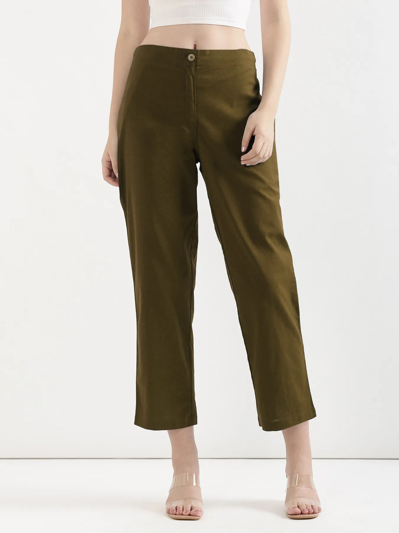 Women Olive Green Airy Linen Straight Pants