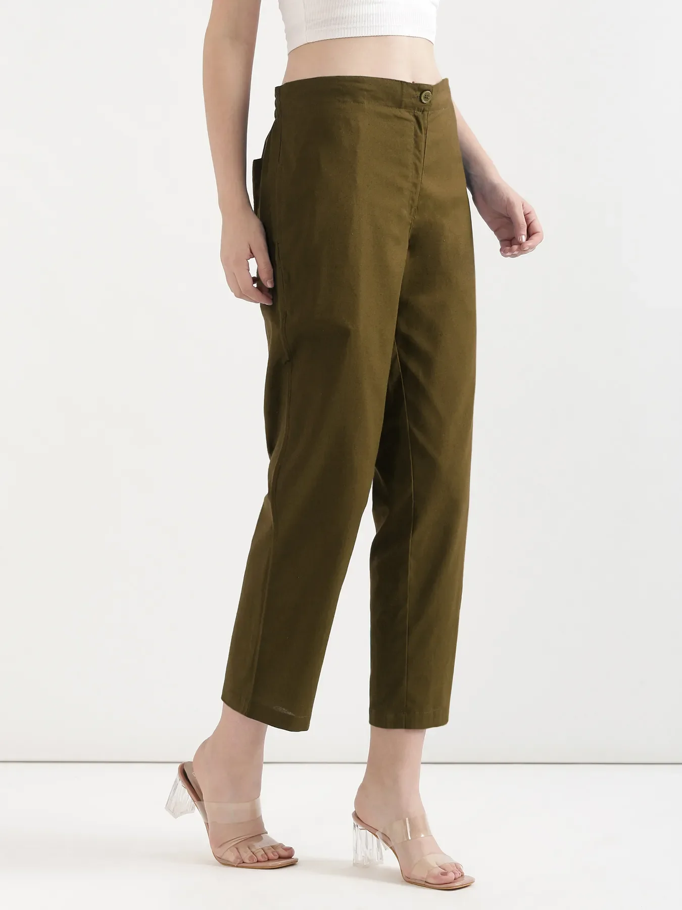 Women Olive Green Airy Linen Straight Pants - Image 3