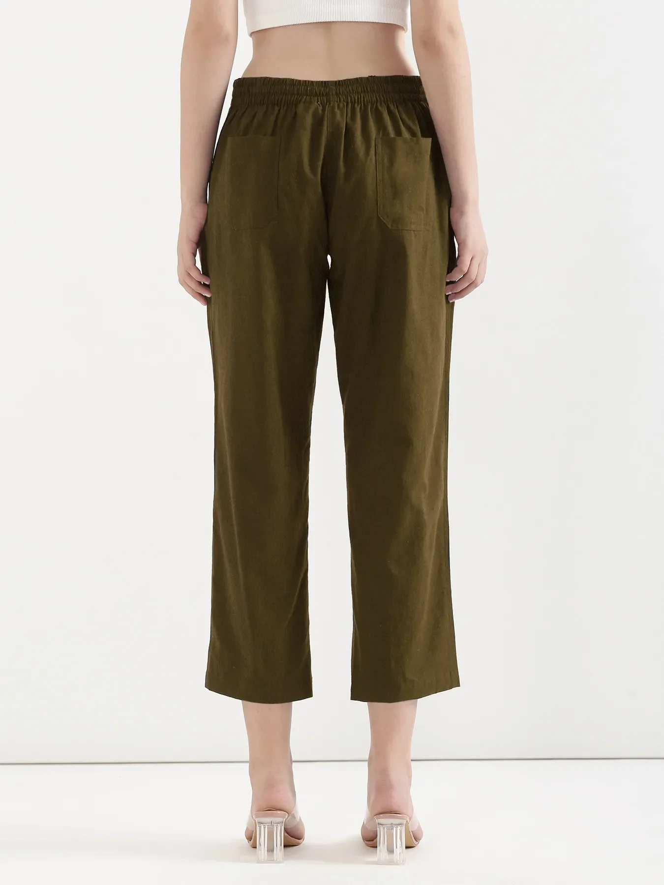 Women Olive Green Airy Linen Straight Pants - Image 4