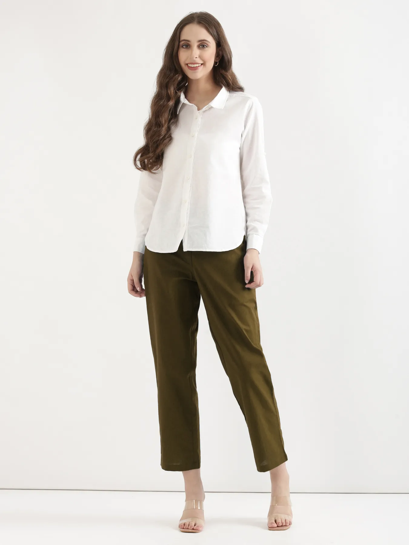 Women Olive Green Airy Linen Straight Pants - Image 5