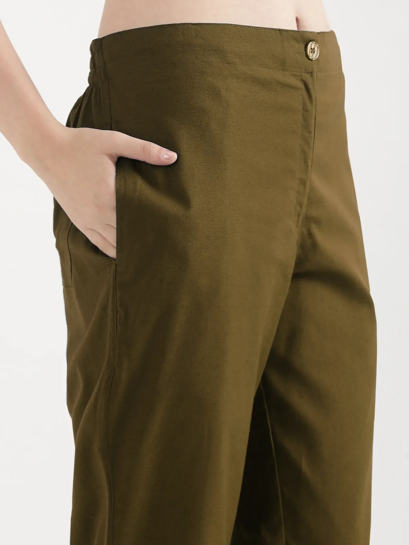 Women Olive Green Airy Linen Straight Pants - Image 8