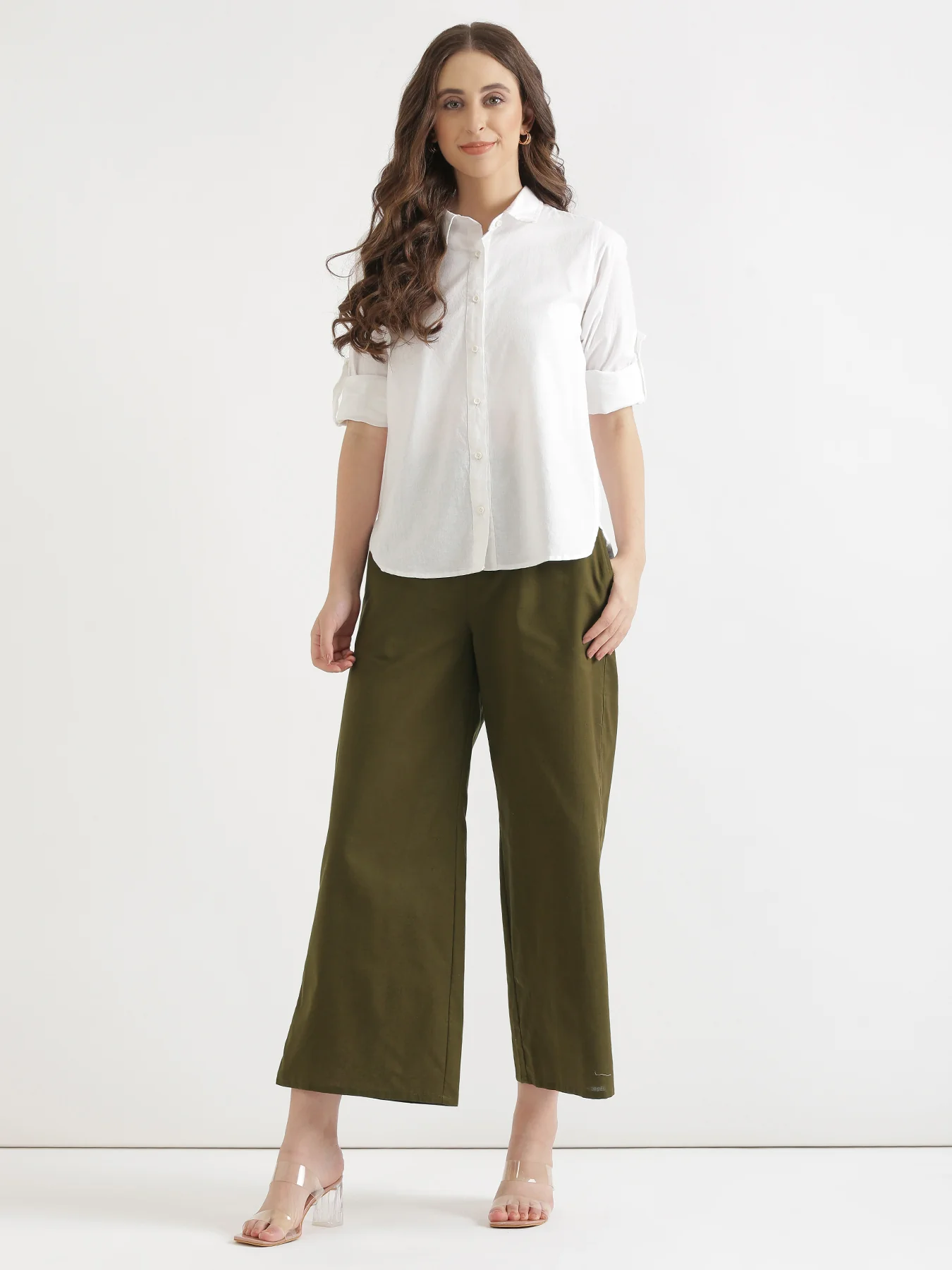 Women Olive Green Airy Linen Wide Leg Pant - Image 5