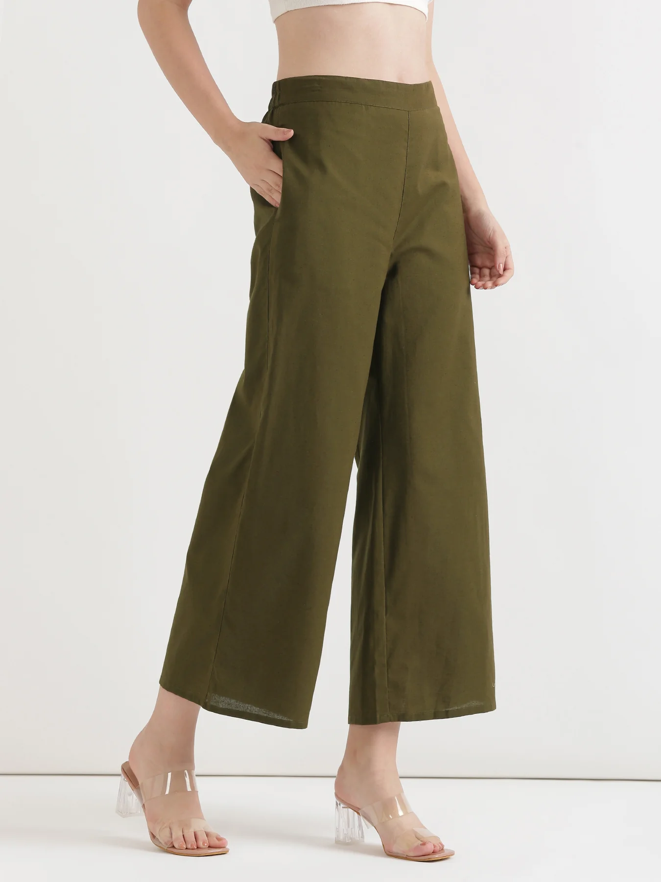 Women Olive Green Airy Linen Wide Leg Pant - Image 6