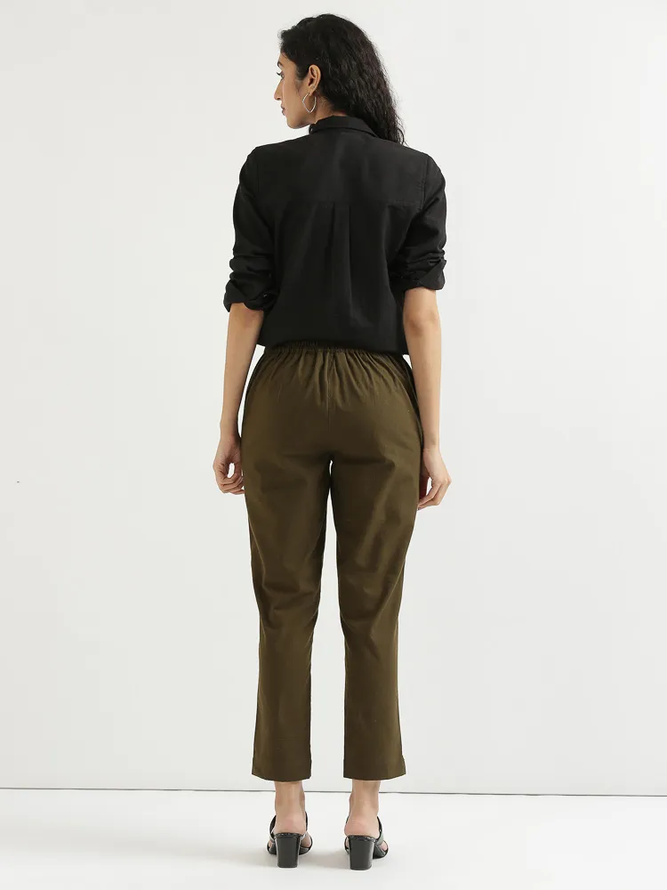 Women Olive Green Cotton Pant - Image 4