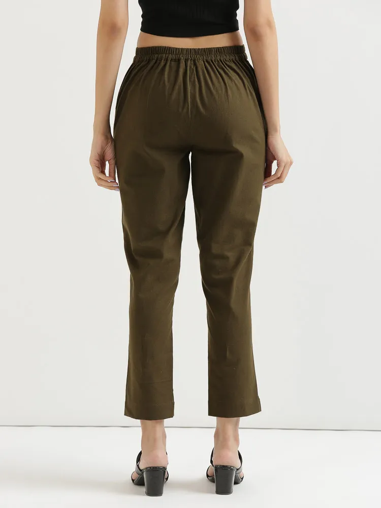 Women Olive Green Cotton Pant - Image 5