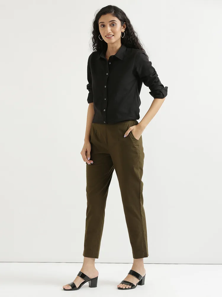 Women Olive Green Cotton Pant - Image 6
