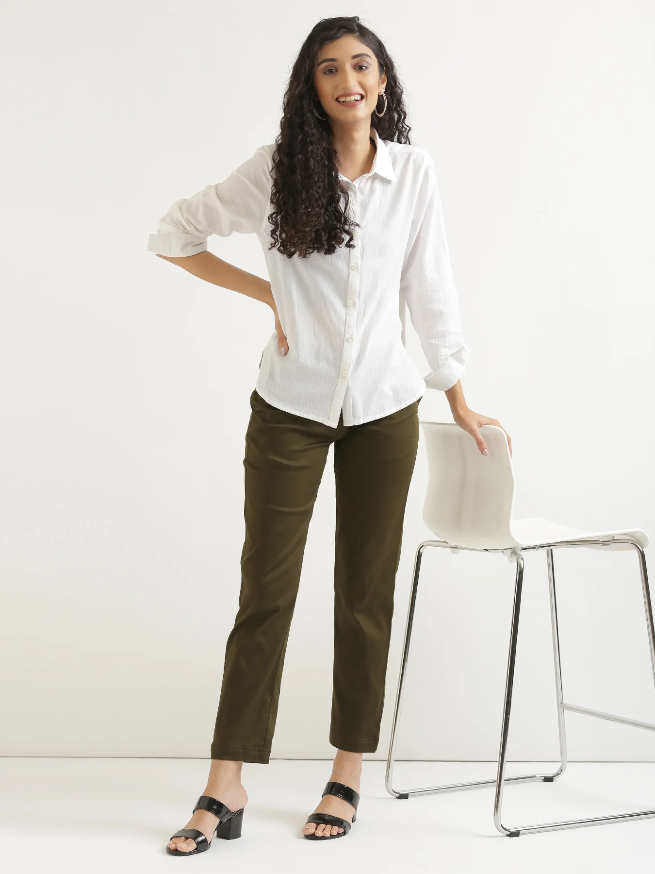 Women Olive Green Formal Pant - Image 3