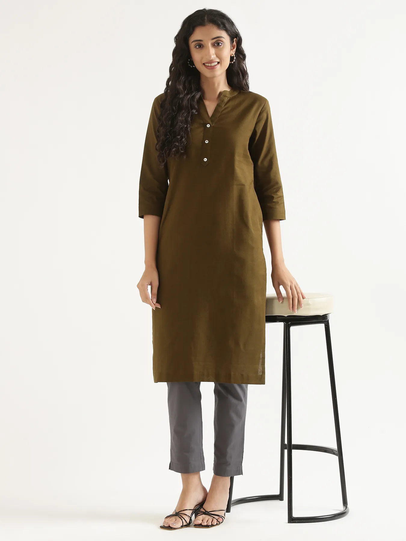 Women Olive Green Airy Linen Long Kurta & Cement Grey Cotton Pant Set - Image 11