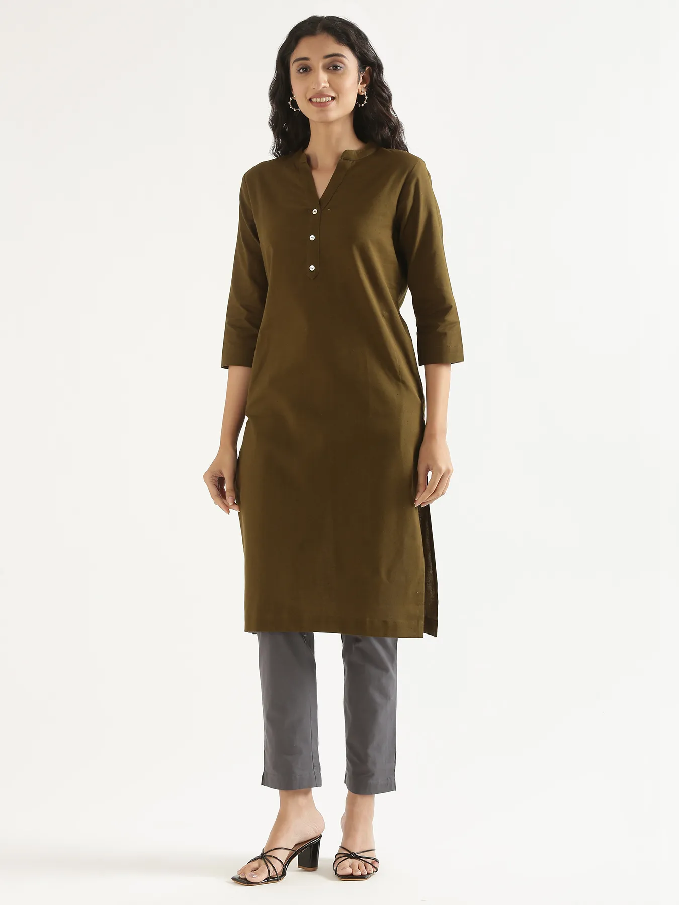 Women Olive Green Airy Linen Long Kurta & Cement Grey Cotton Pant Set - Image 2