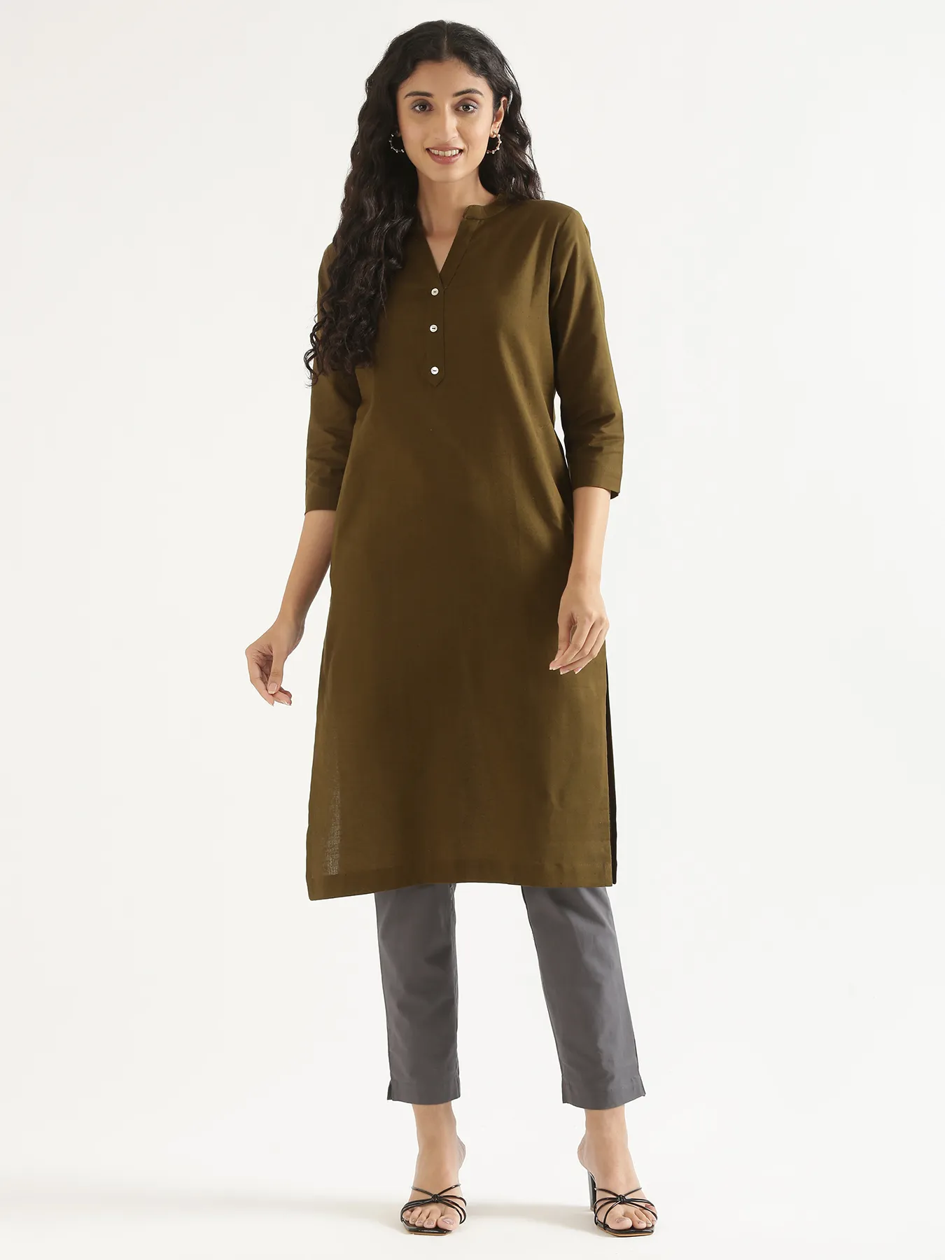 Women Olive Green Airy Linen Long Kurta & Cement Grey Cotton Pant Set - Image 3