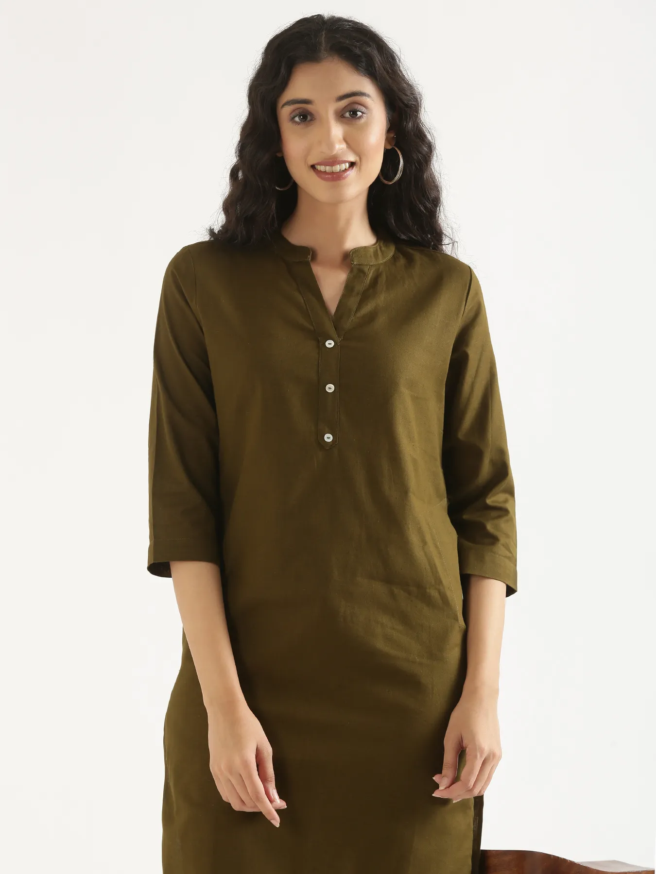 Women Olive Green Airy Linen Long Kurta & Cement Grey Cotton Pant Set - Image 4
