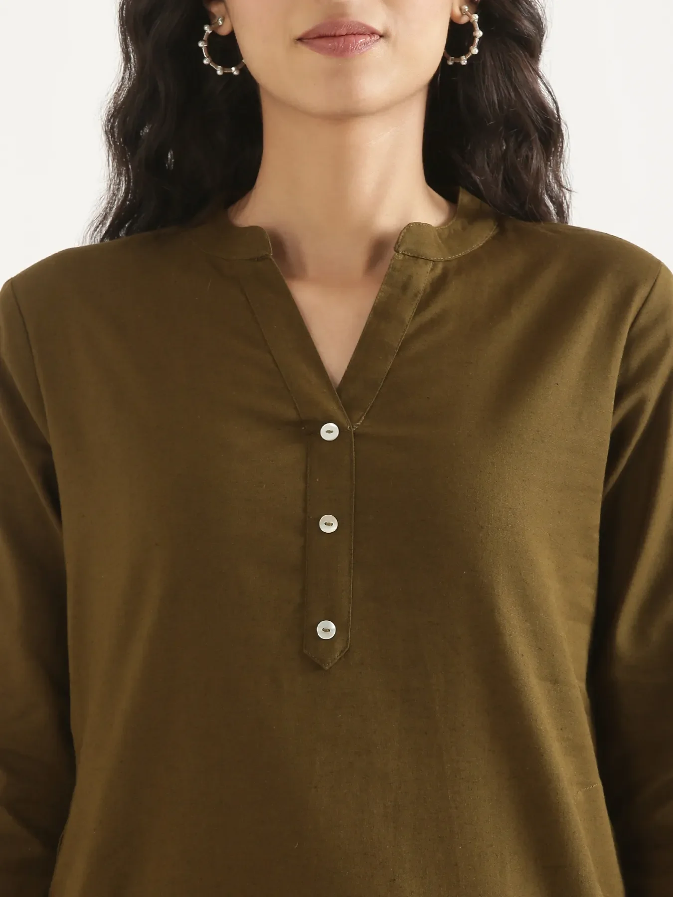 Women Olive Green Airy Linen Long Kurta & Cement Grey Cotton Pant Set - Image 6