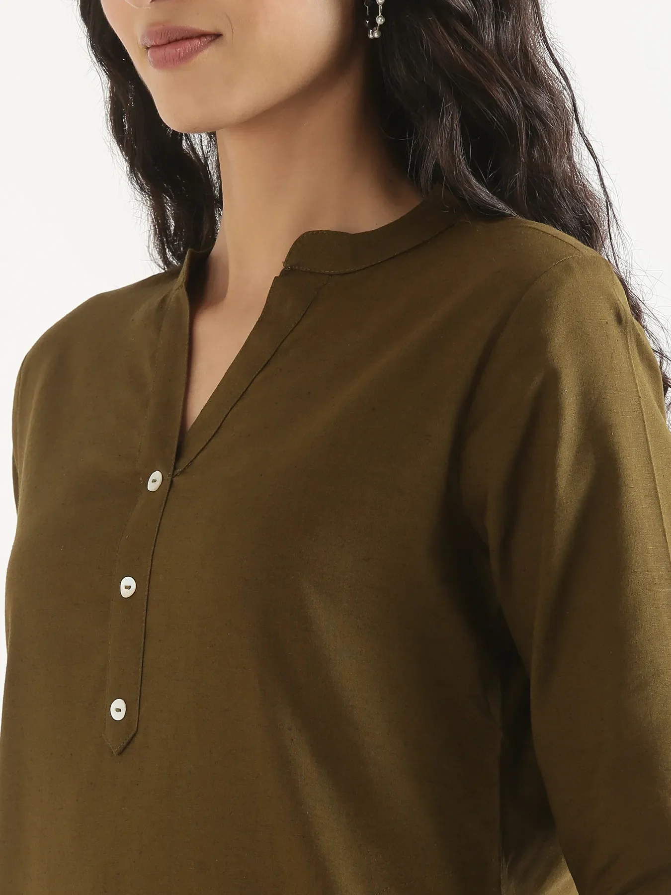 Women Olive Green Airy Linen Long Kurta & Cement Grey Cotton Pant Set - Image 7