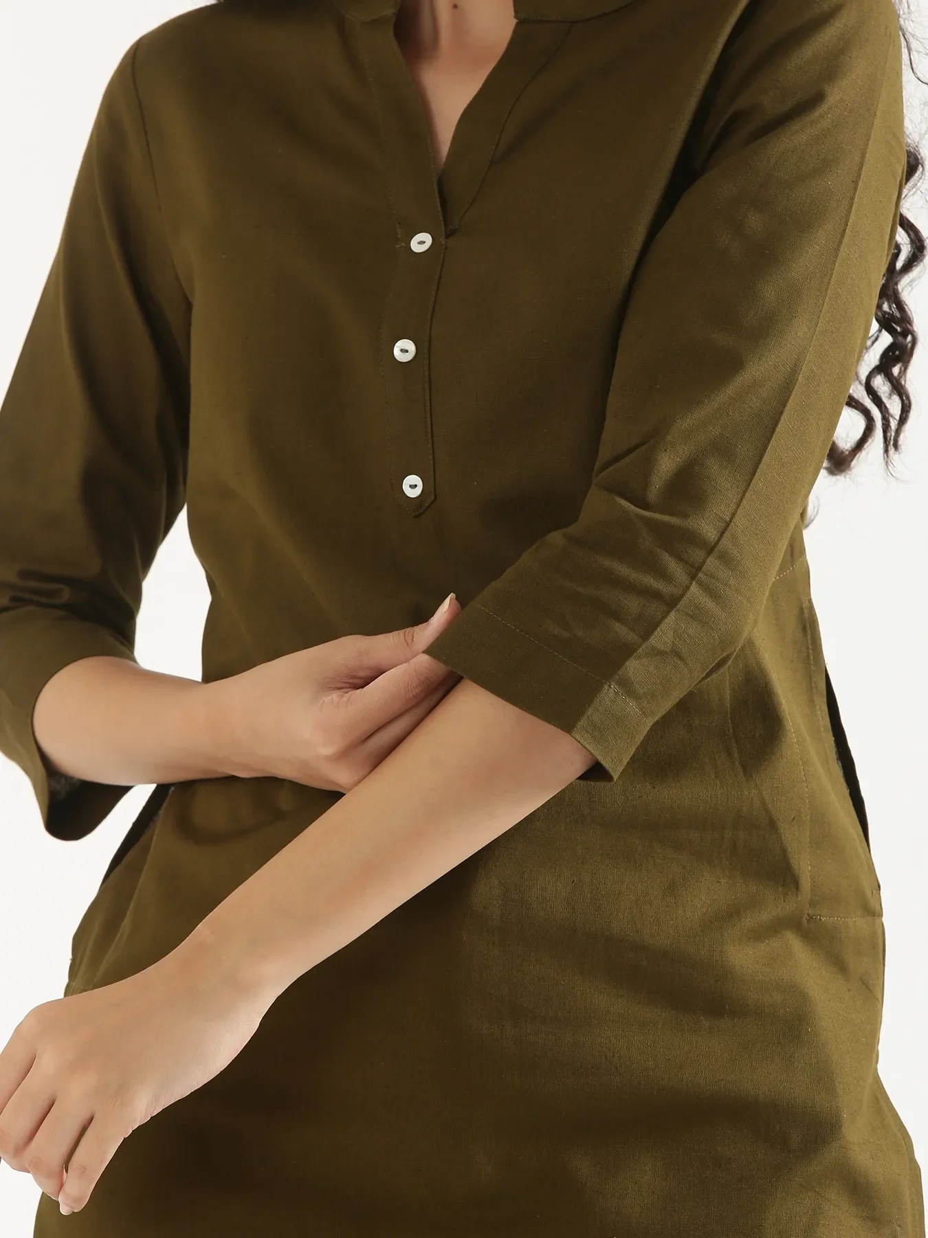 Women Olive Green Airy Linen Long Kurta & Cement Grey Cotton Pant Set - Image 8