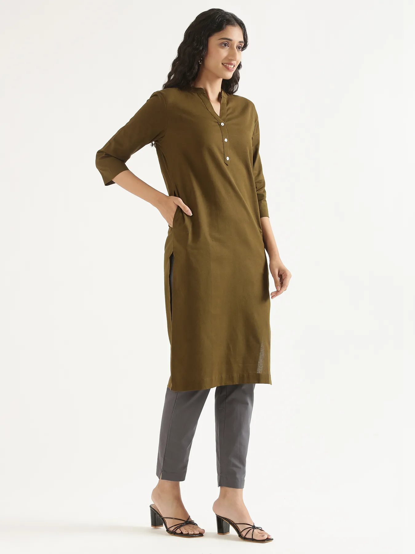 Women Olive Green Airy Linen Long Kurta & Cement Grey Cotton Pant Set - Image 9