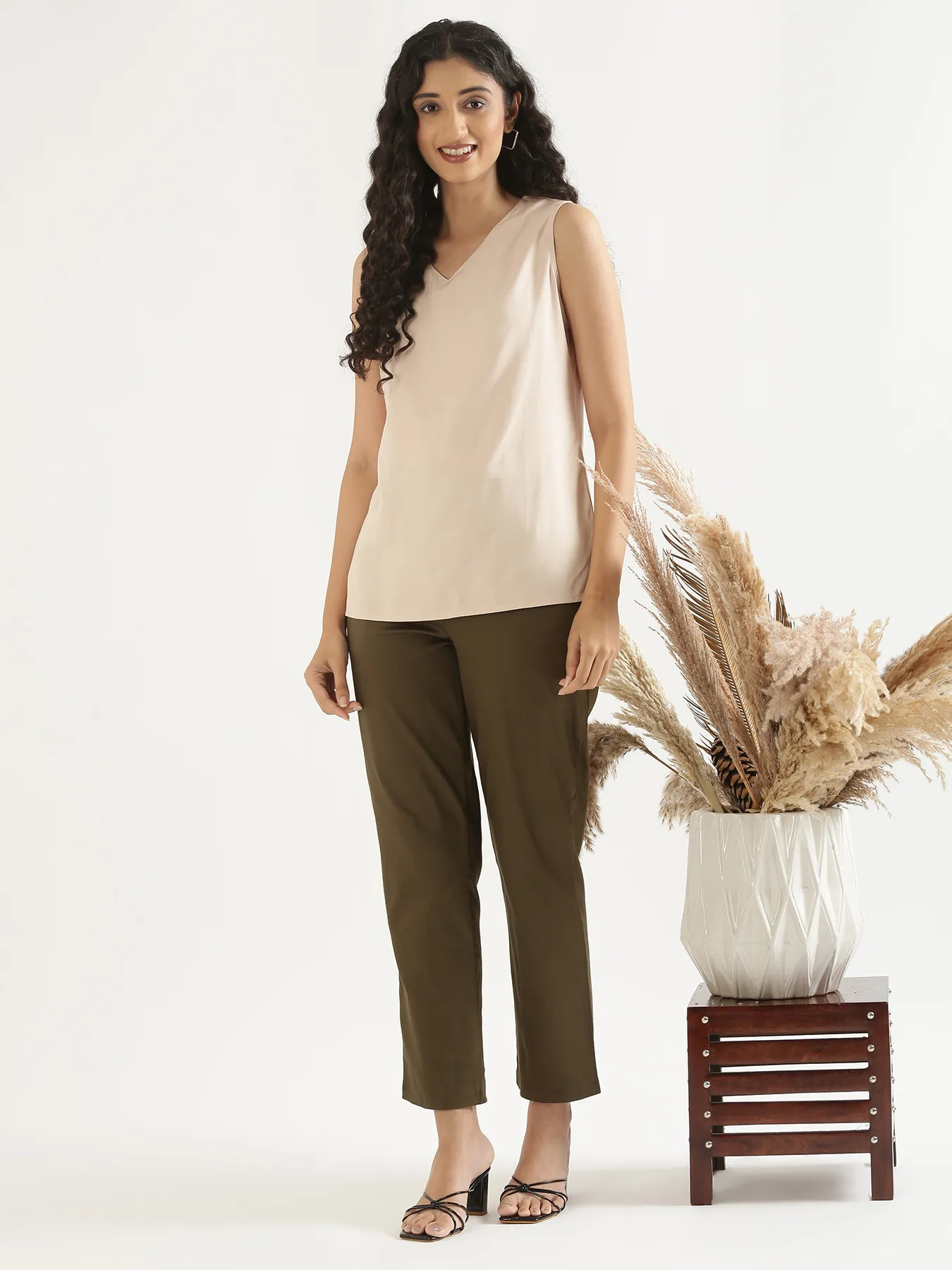Women Plus Size Olive Green Straight Fit Formal Pants - Image 7