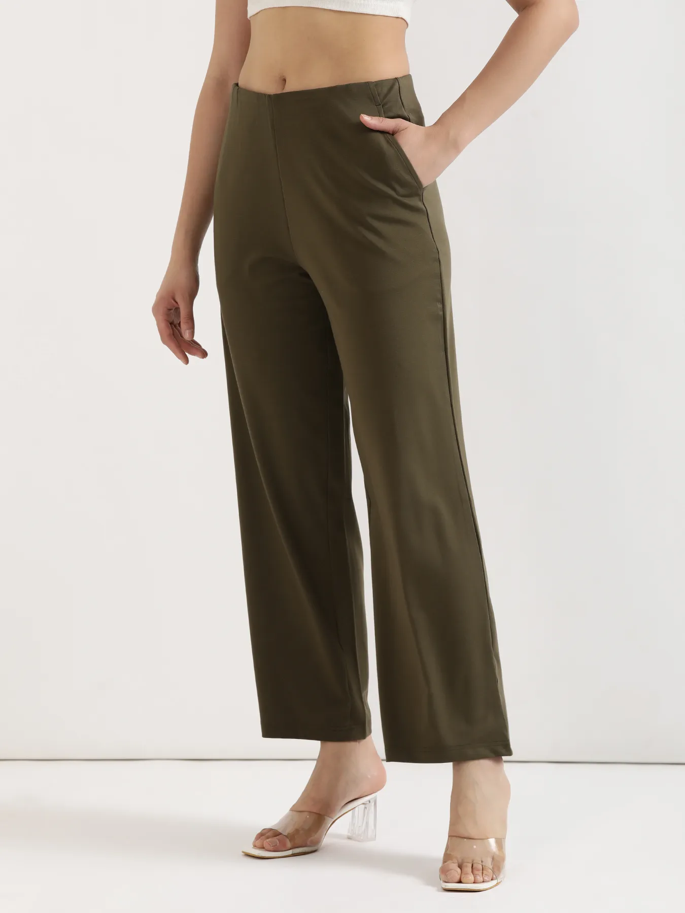 Women Olive Green Wide Leg Pants - Image 8