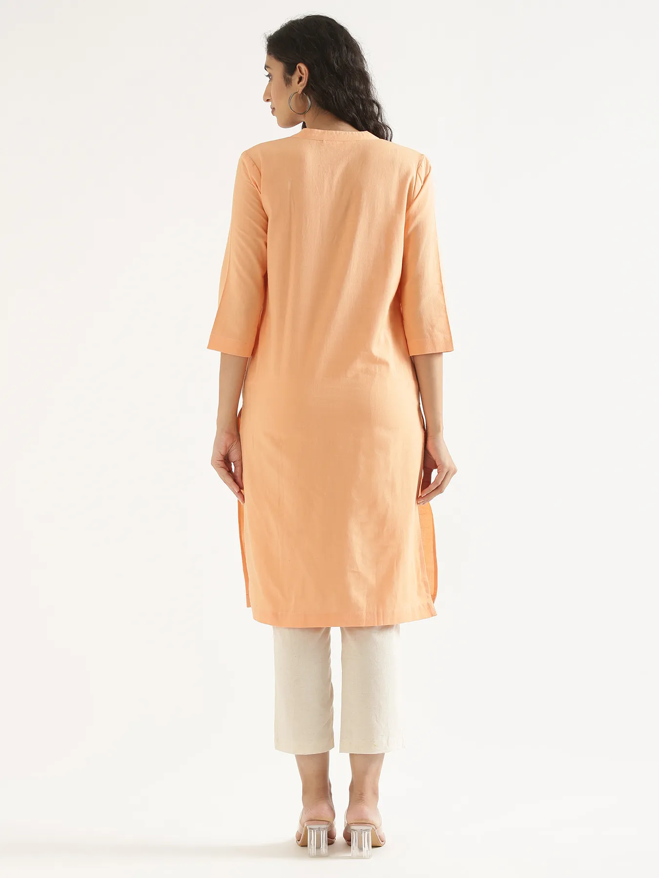 Women Peach Airy Linen Long Kurta - Image 7