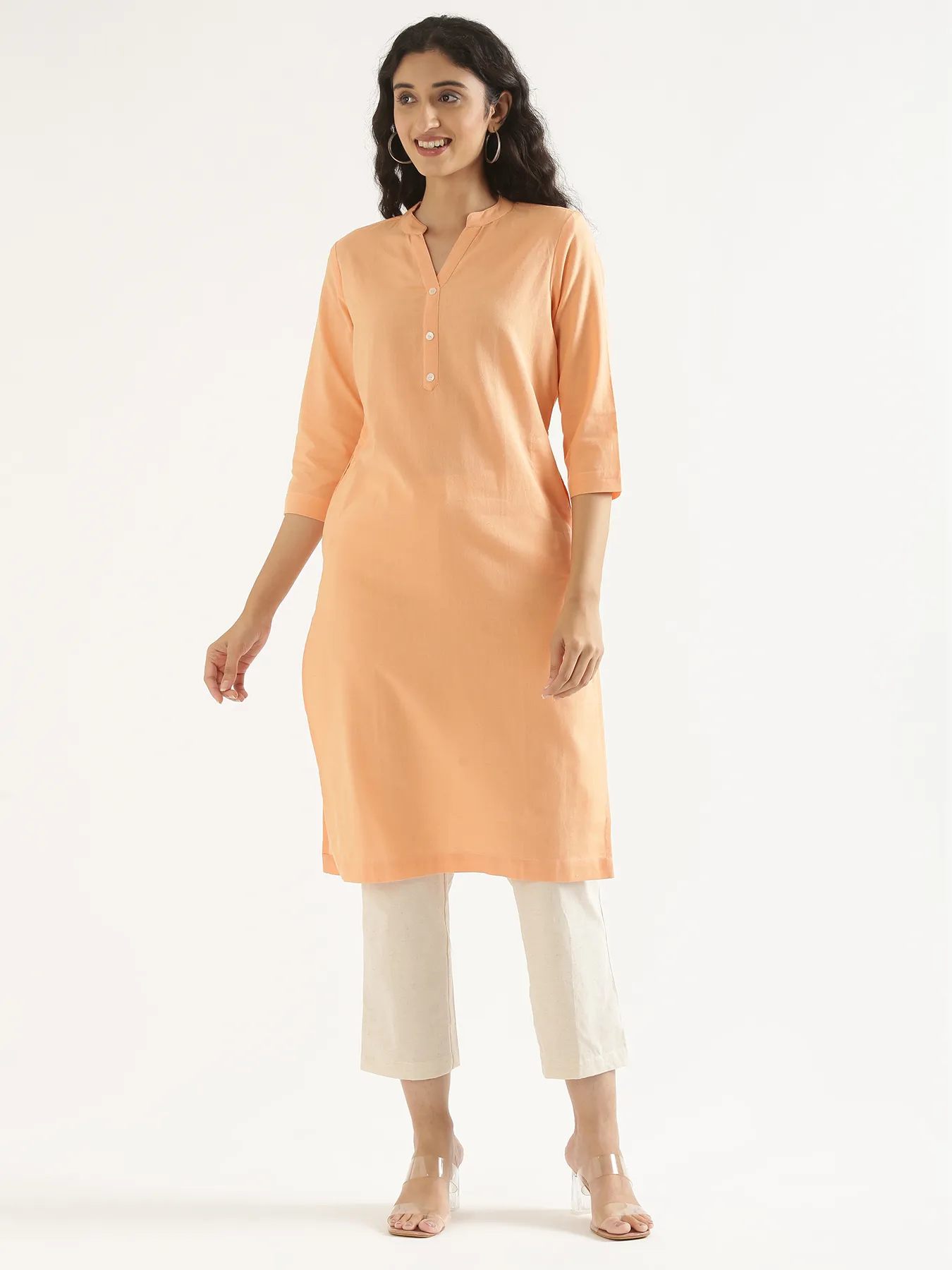 Women Peach Airy Linen Long Kurta - Image 8