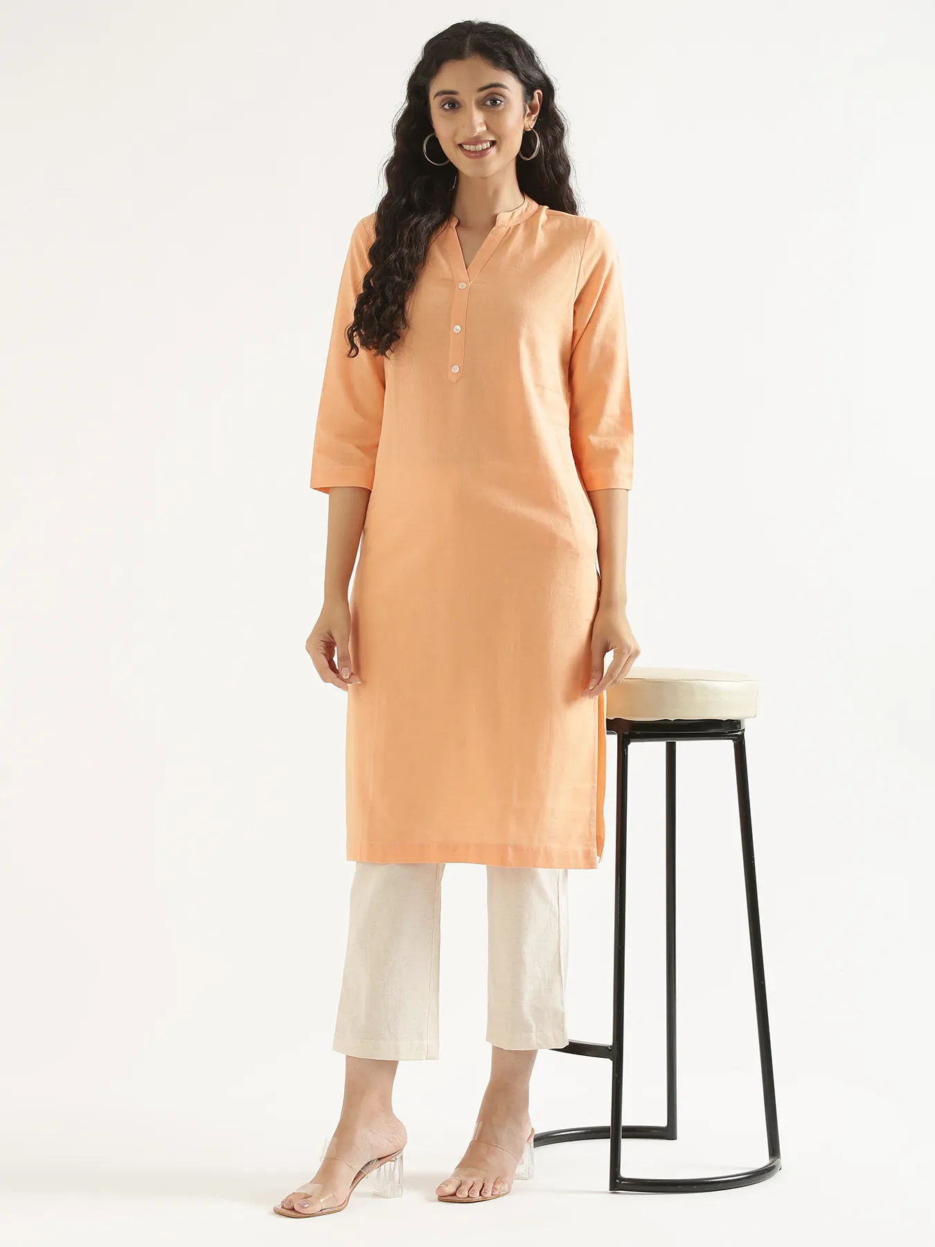 Women Peach Airy Linen Long Kurta - Image 9