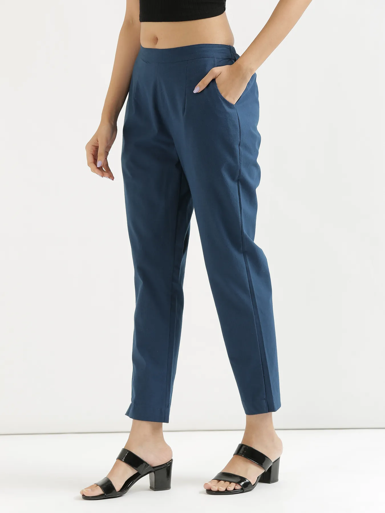 Women Peacock Blue Cotton Pant - Image 11
