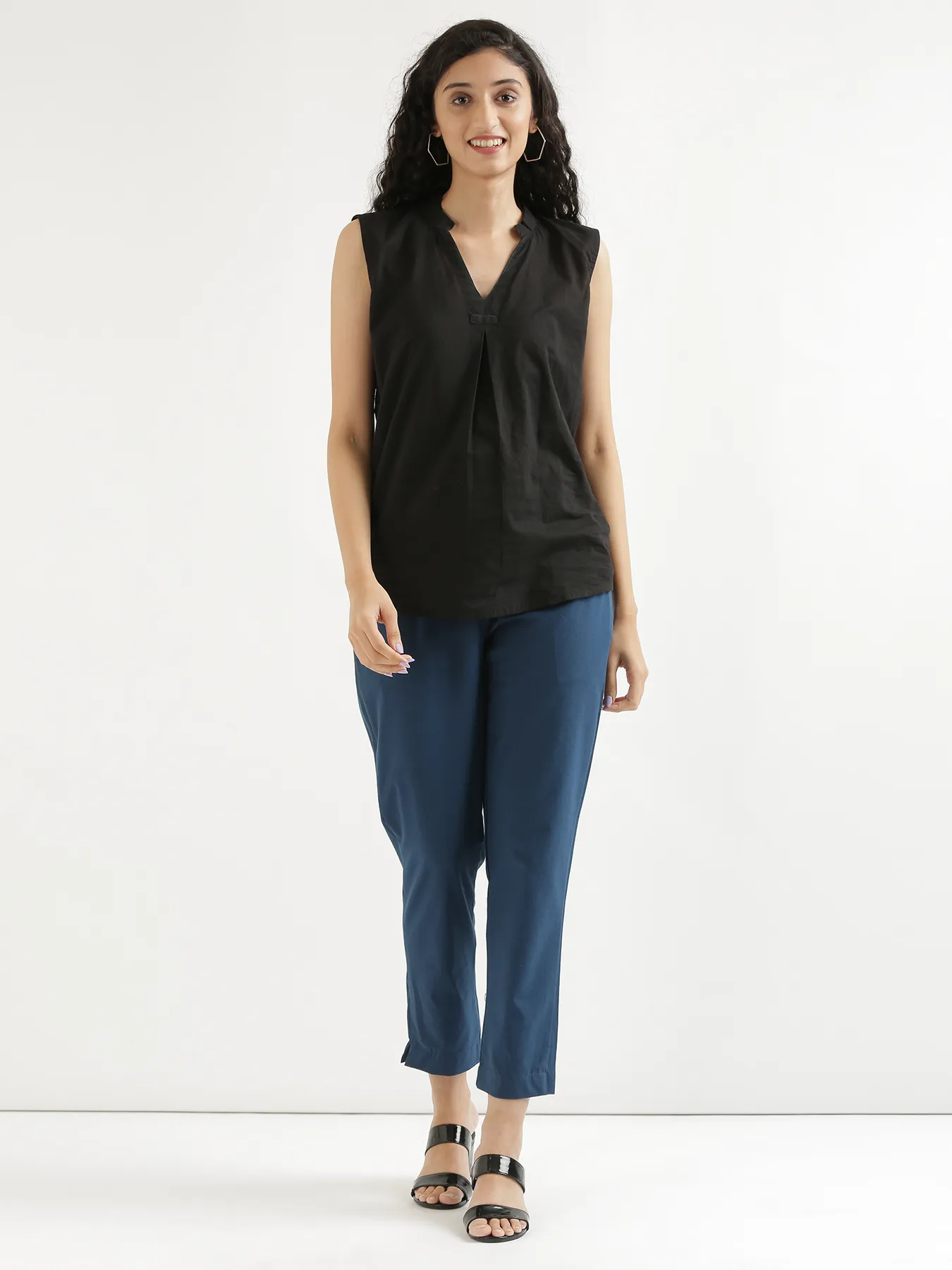 Women Peacock Blue Cotton Pant - Image 3