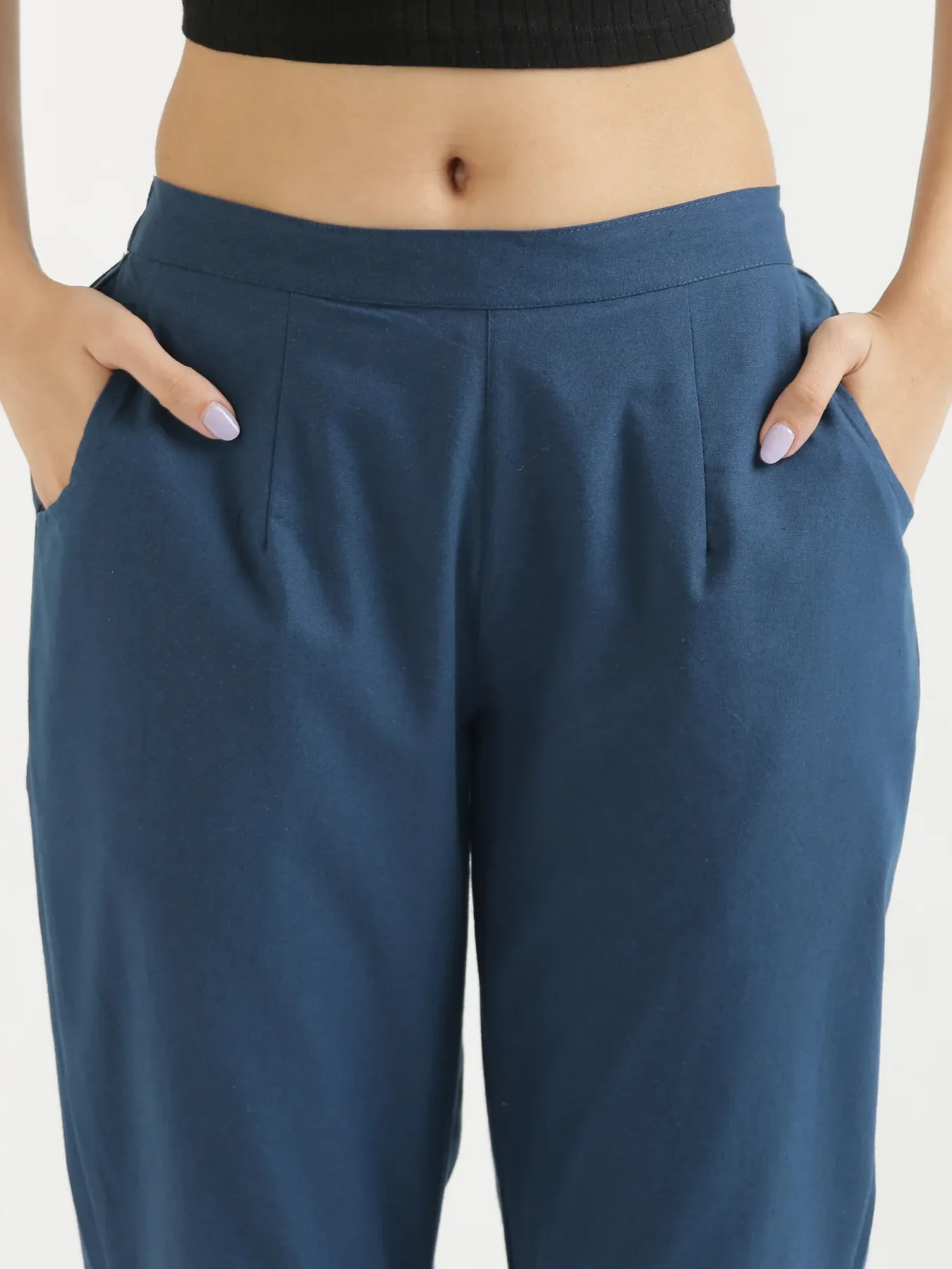 Women Peacock Blue Cotton Pant - Image 4