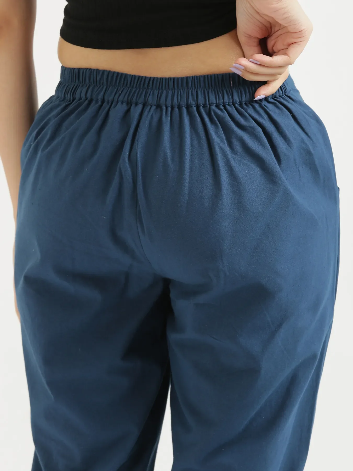 Women Peacock Blue Cotton Pant - Image 6