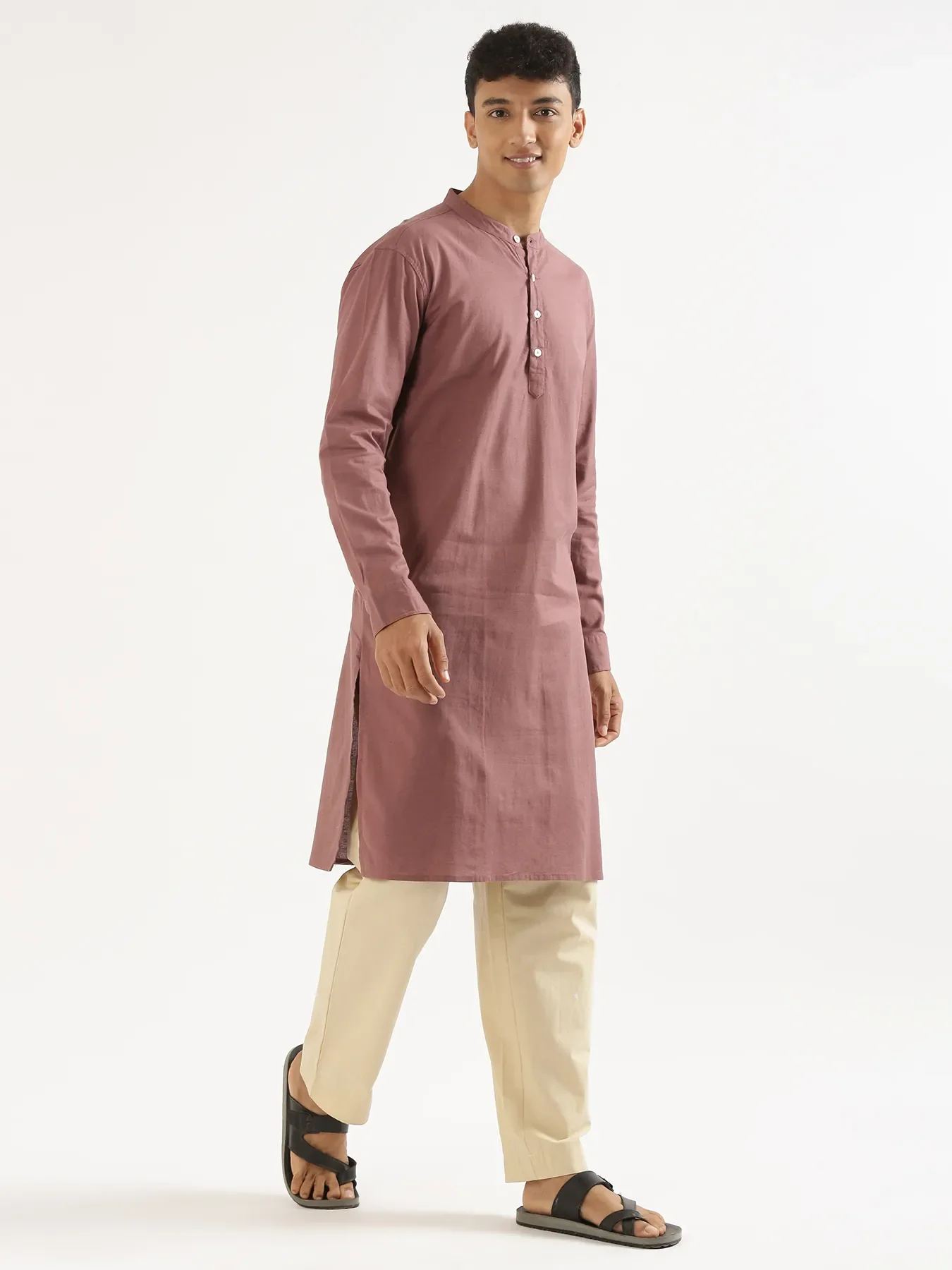 Men Rose Taupe Airy Linen Long Kurta - Image 3