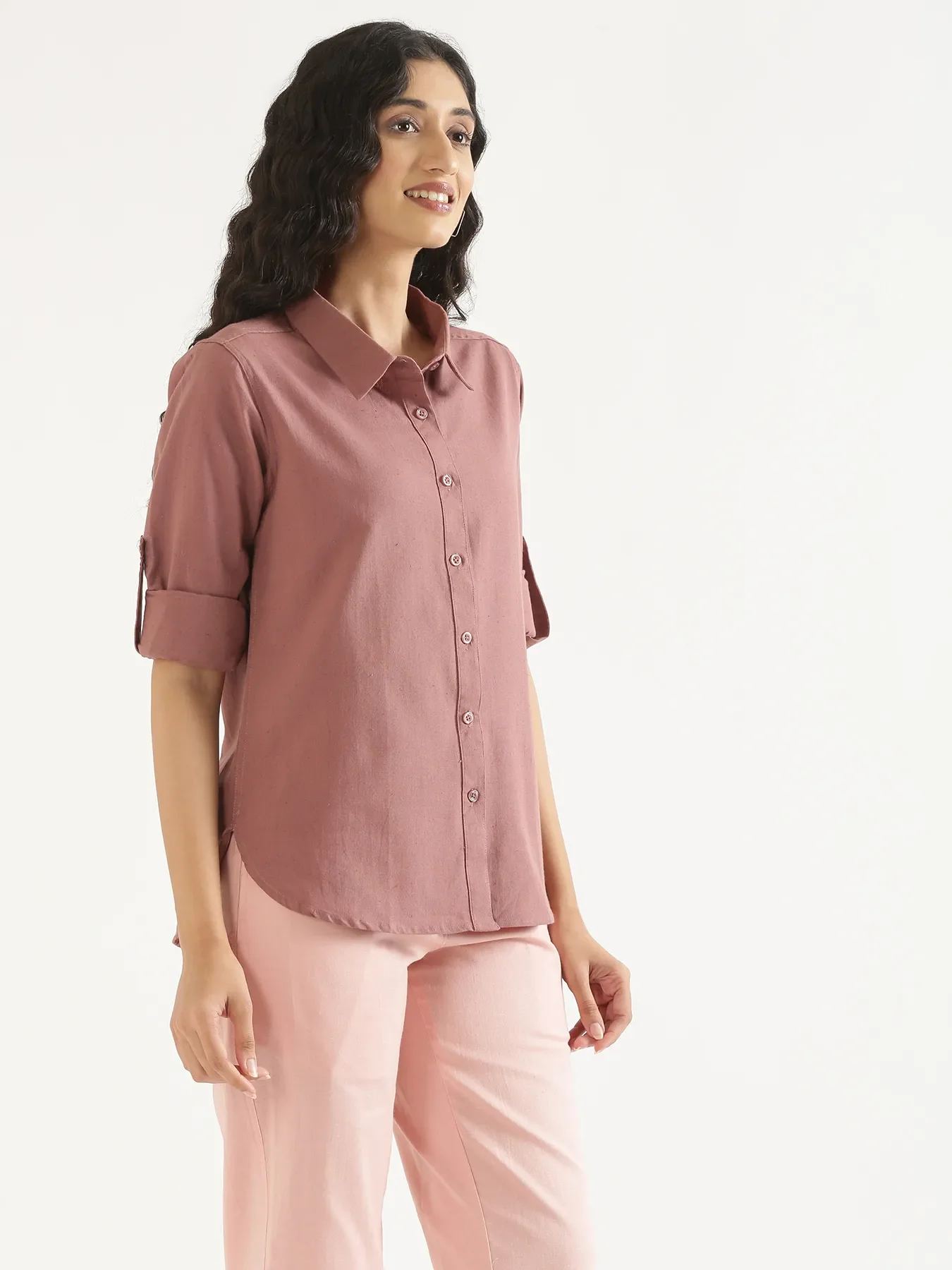 Women Rose Taupe Airy-Linen Shirt - Image 3