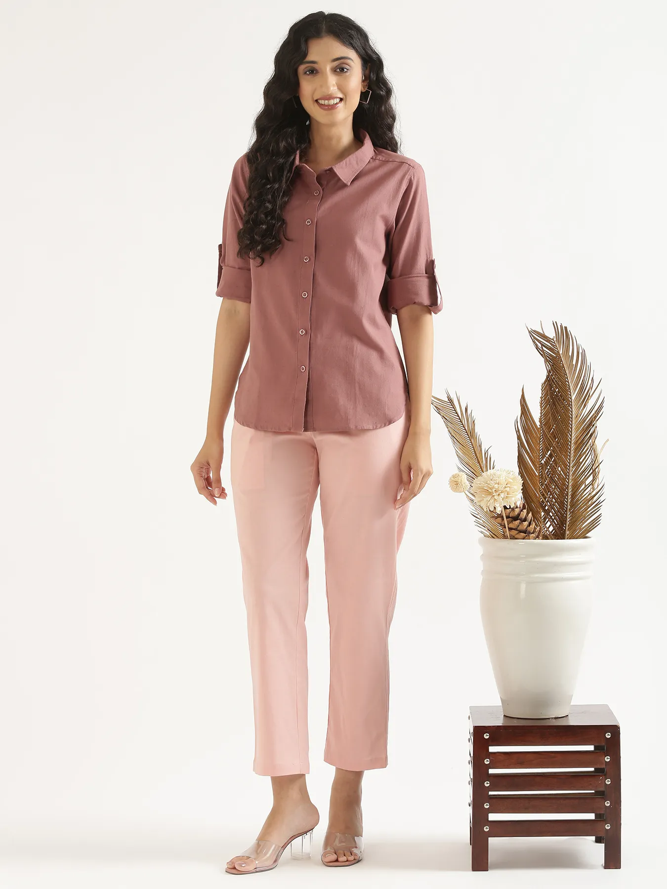 Women Rose Taupe Airy-Linen Shirt - Image 7