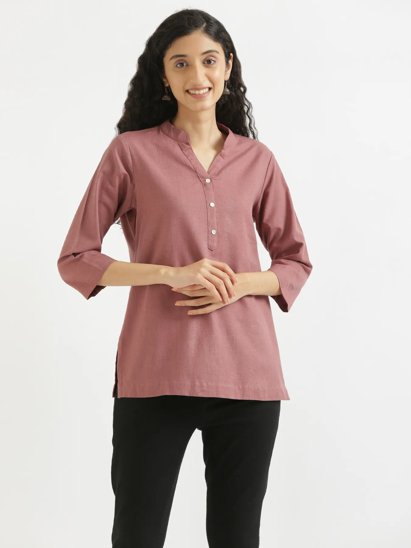 Women Rose Taupe Airy Linen Short Kurta - Image 3