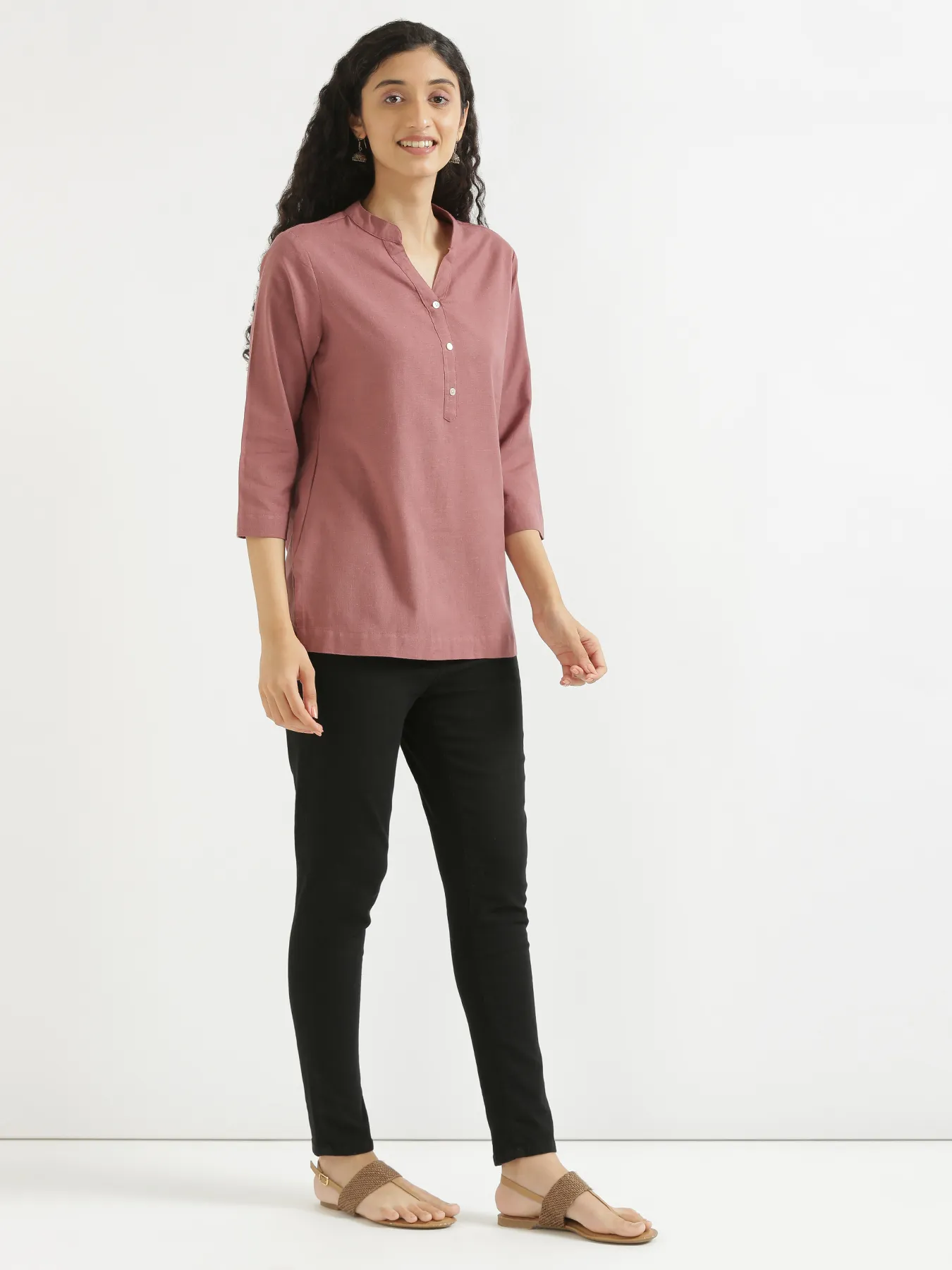 Women Rose Taupe Airy Linen Short Kurta - Image 6