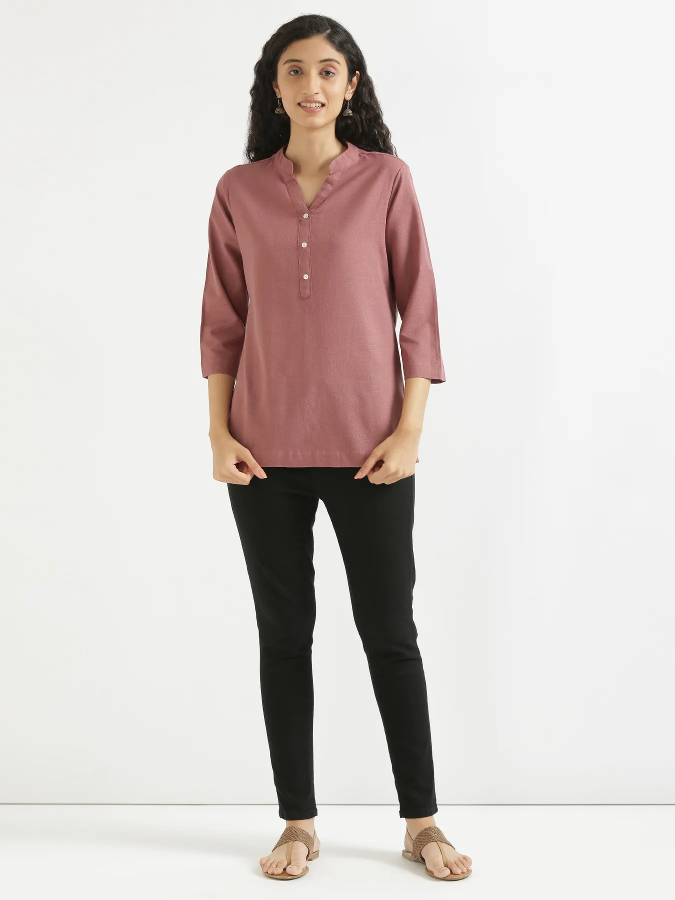 Women Rose Taupe Airy Linen Short Kurta - Image 9