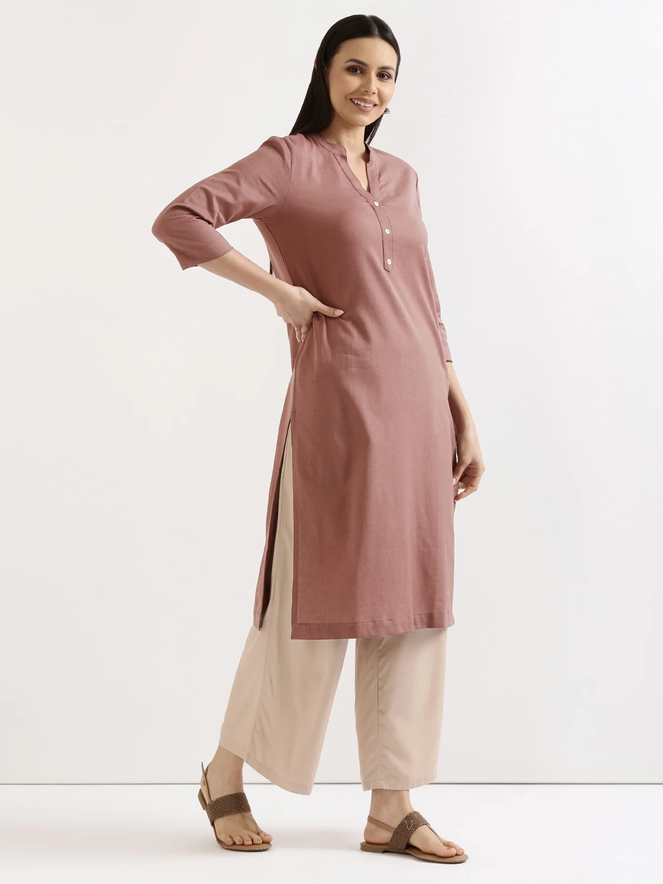 Women Rose Taupe & Lilac Long Kurta - Image 4