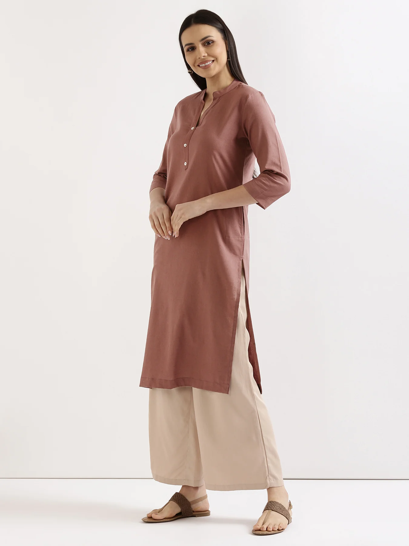 Women Rose Taupe & Lilac Long Kurta - Image 6
