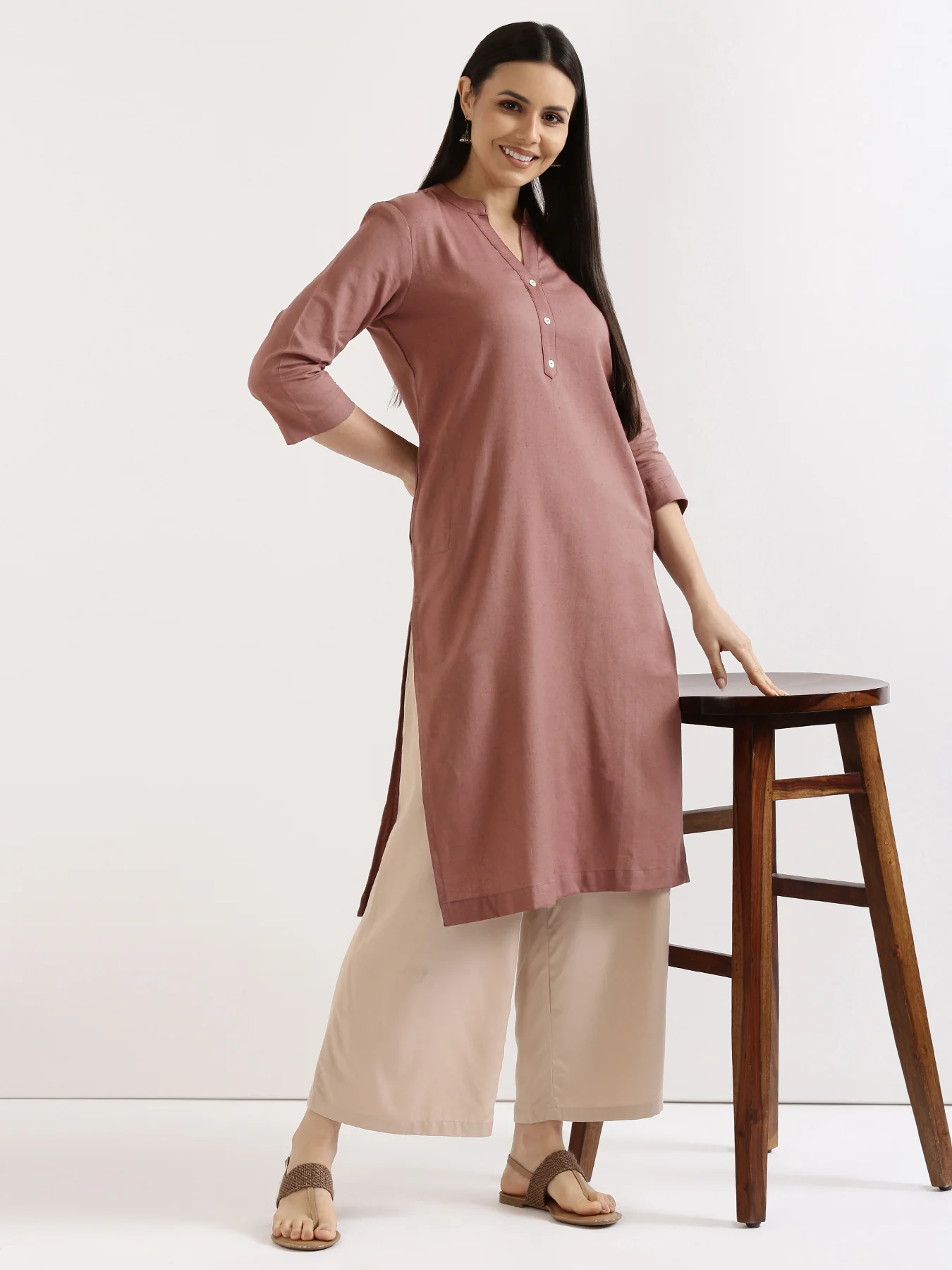 Women Rose Taupe & Lilac Long Kurta - Image 9