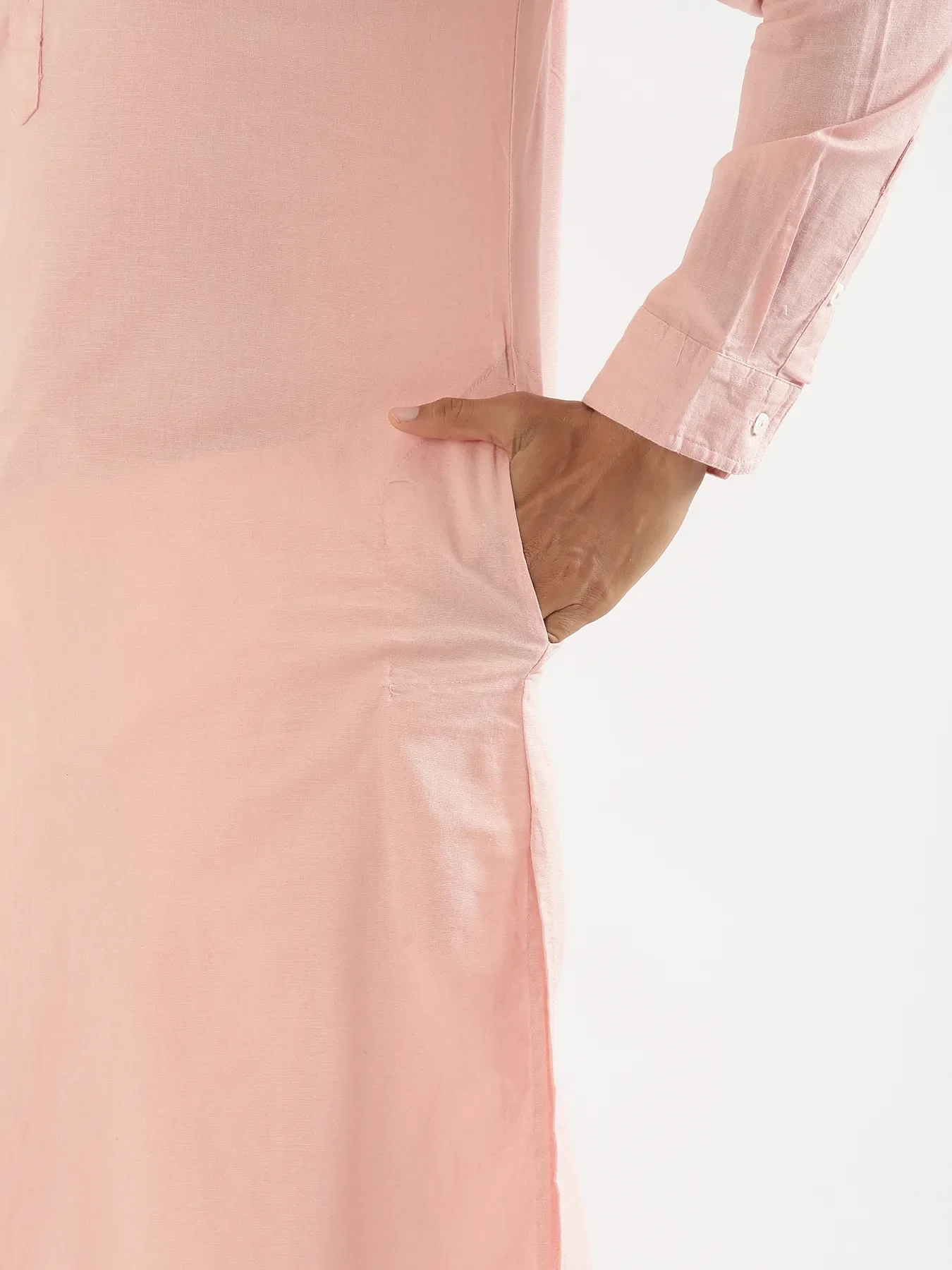 Men Salmon Pink Airy Linen Long Kurta - Image 11