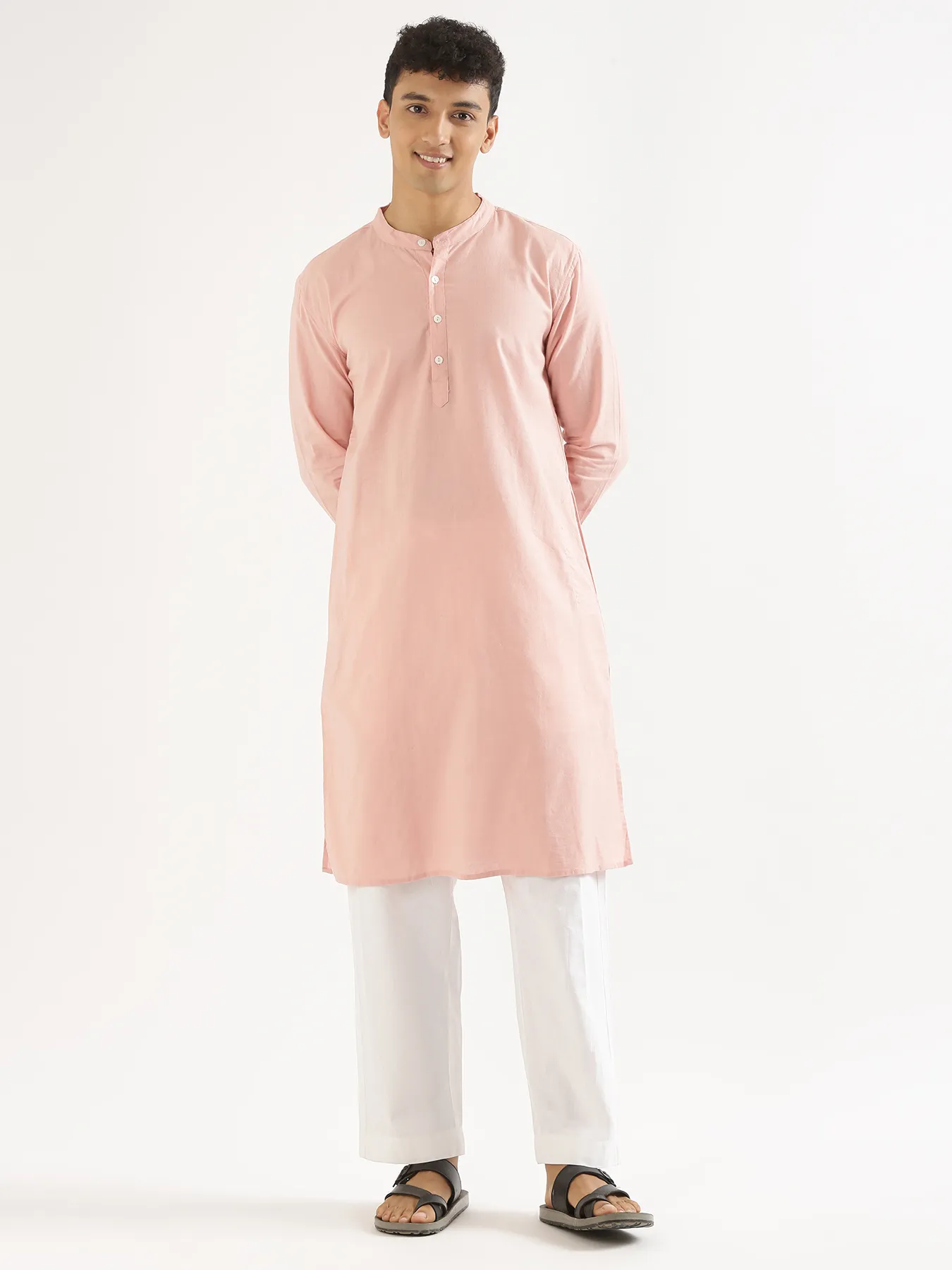 Men Salmon Pink Airy Linen Long Kurta - Image 3