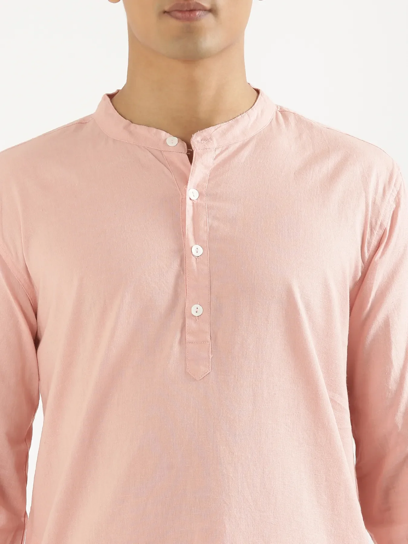 Men Salmon Pink Airy Linen Long Kurta - Image 5