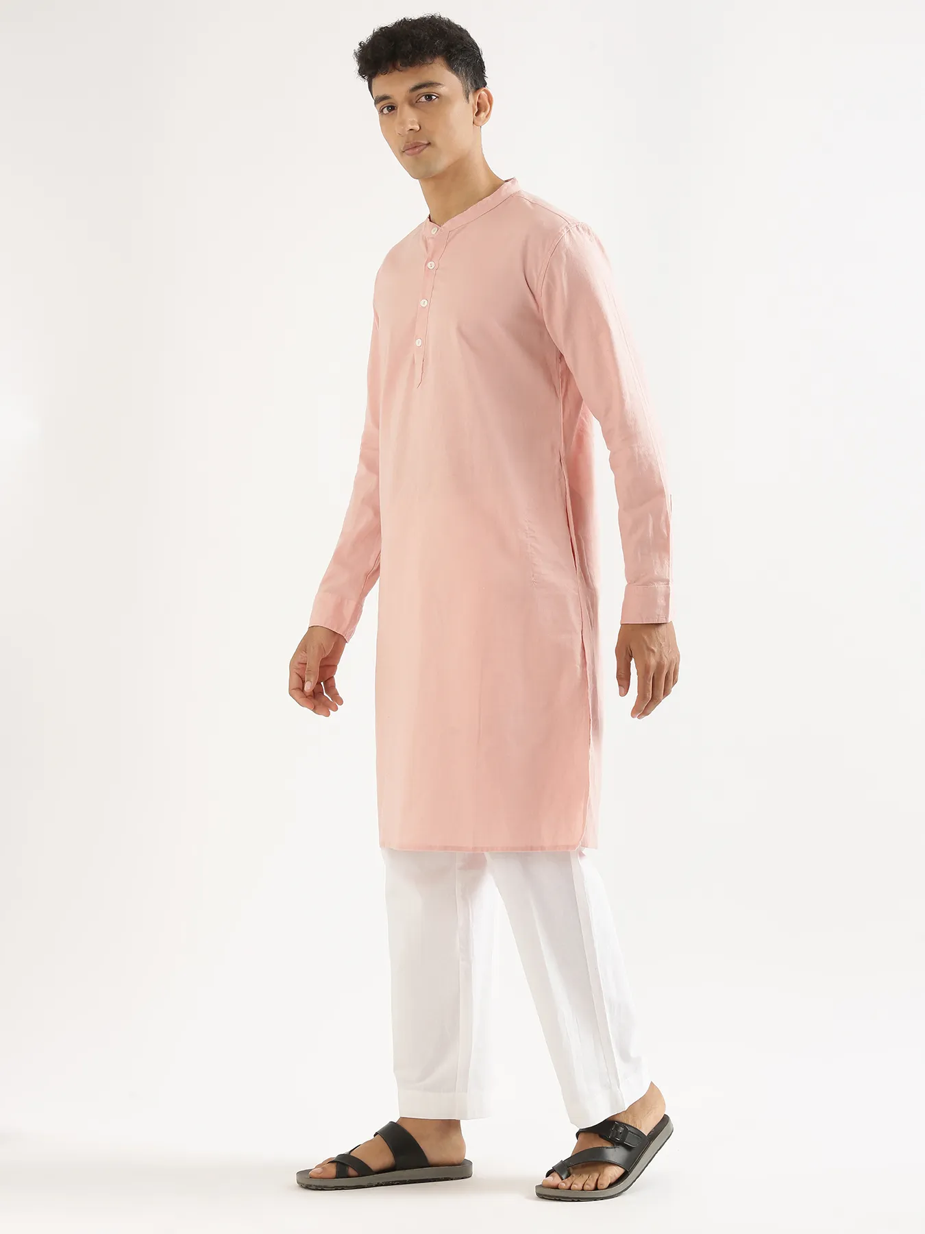 Men Salmon Pink Airy Linen Long Kurta - Image 7