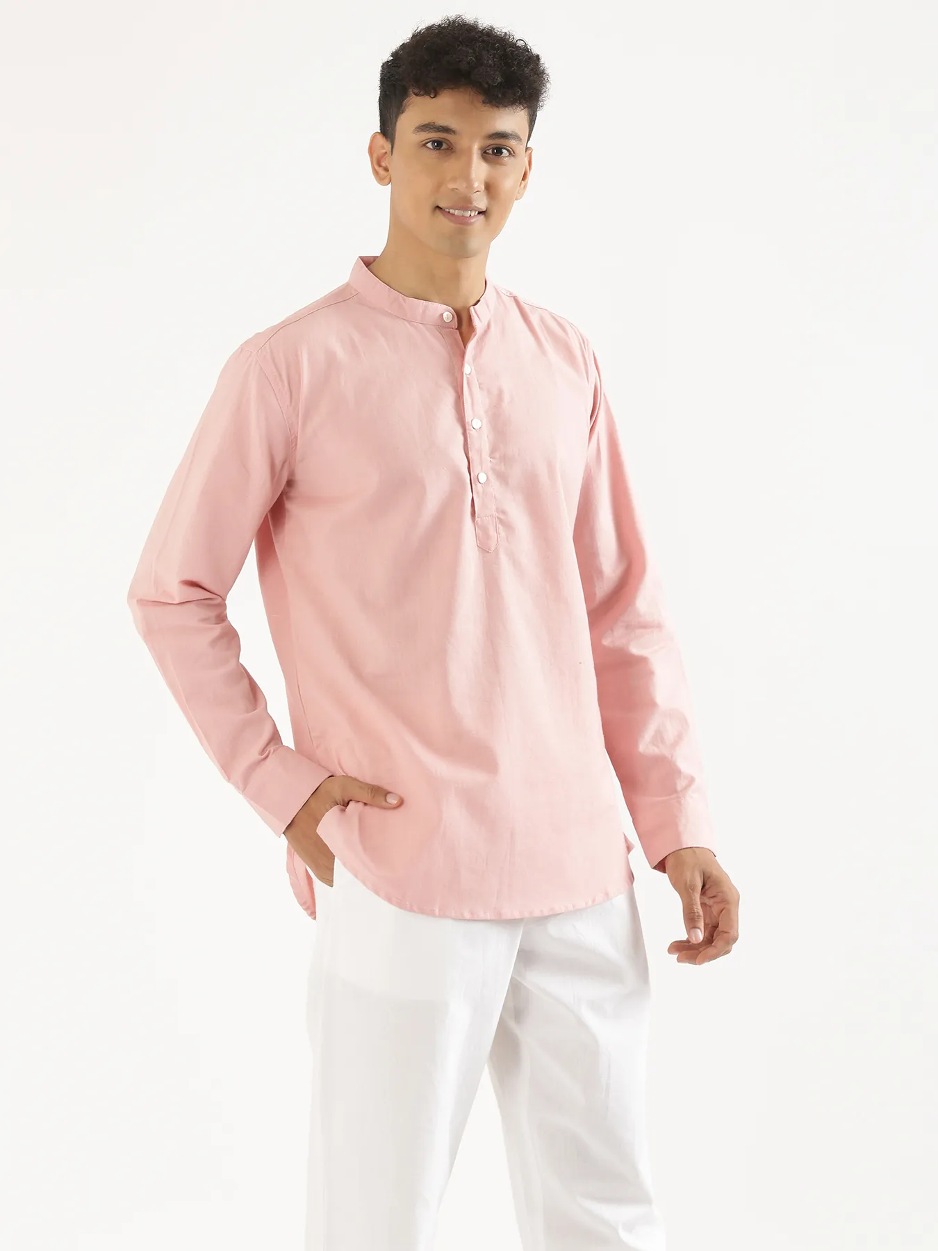 Men Salmon Pink Airy Linen Short Kurta - Image 3